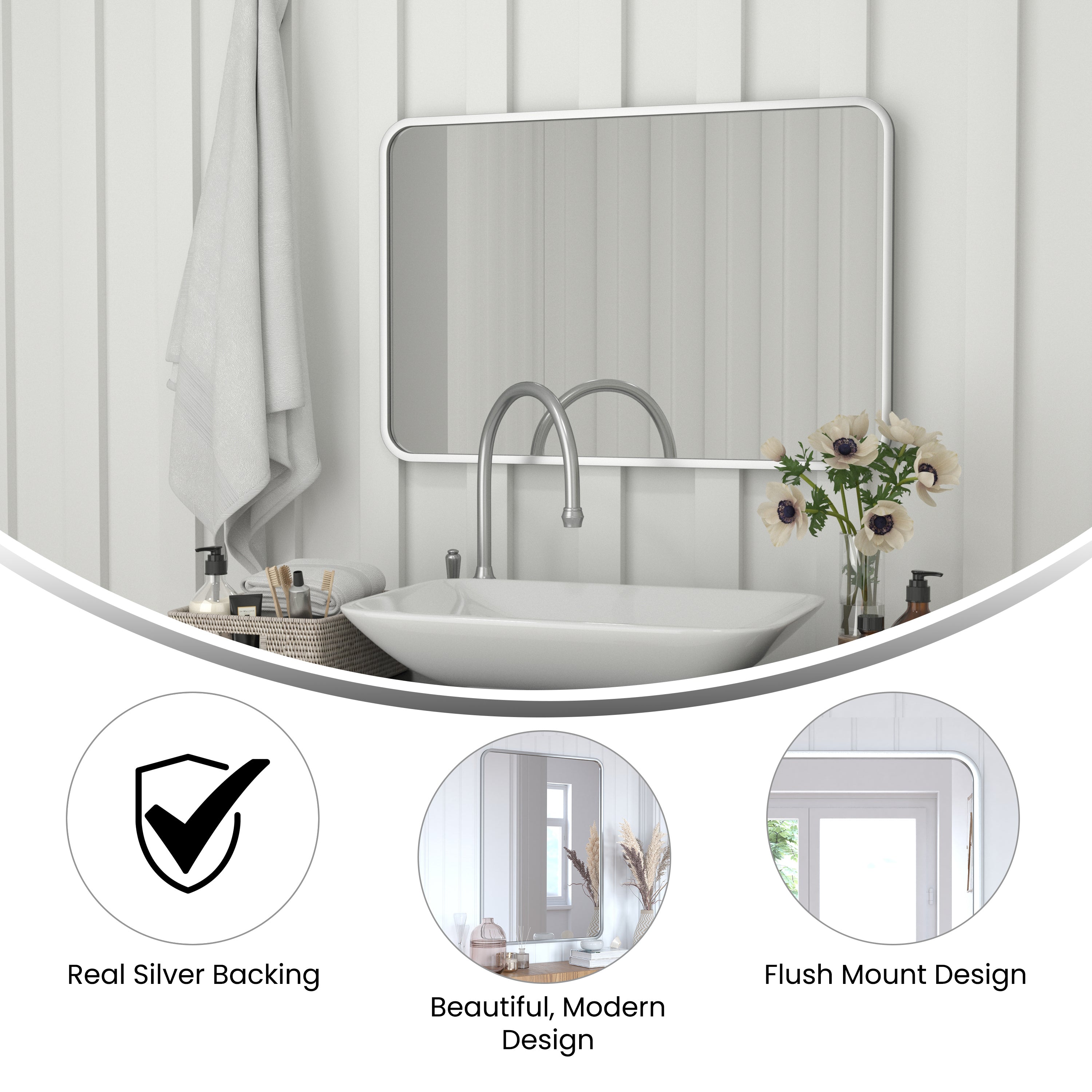 Jada 24" x 36" Decorative Wall Mirror - Rounded Corners, Bathroom & Living Room Glass Mirror Hangs Horizontal Or Vertical, Matte Silver