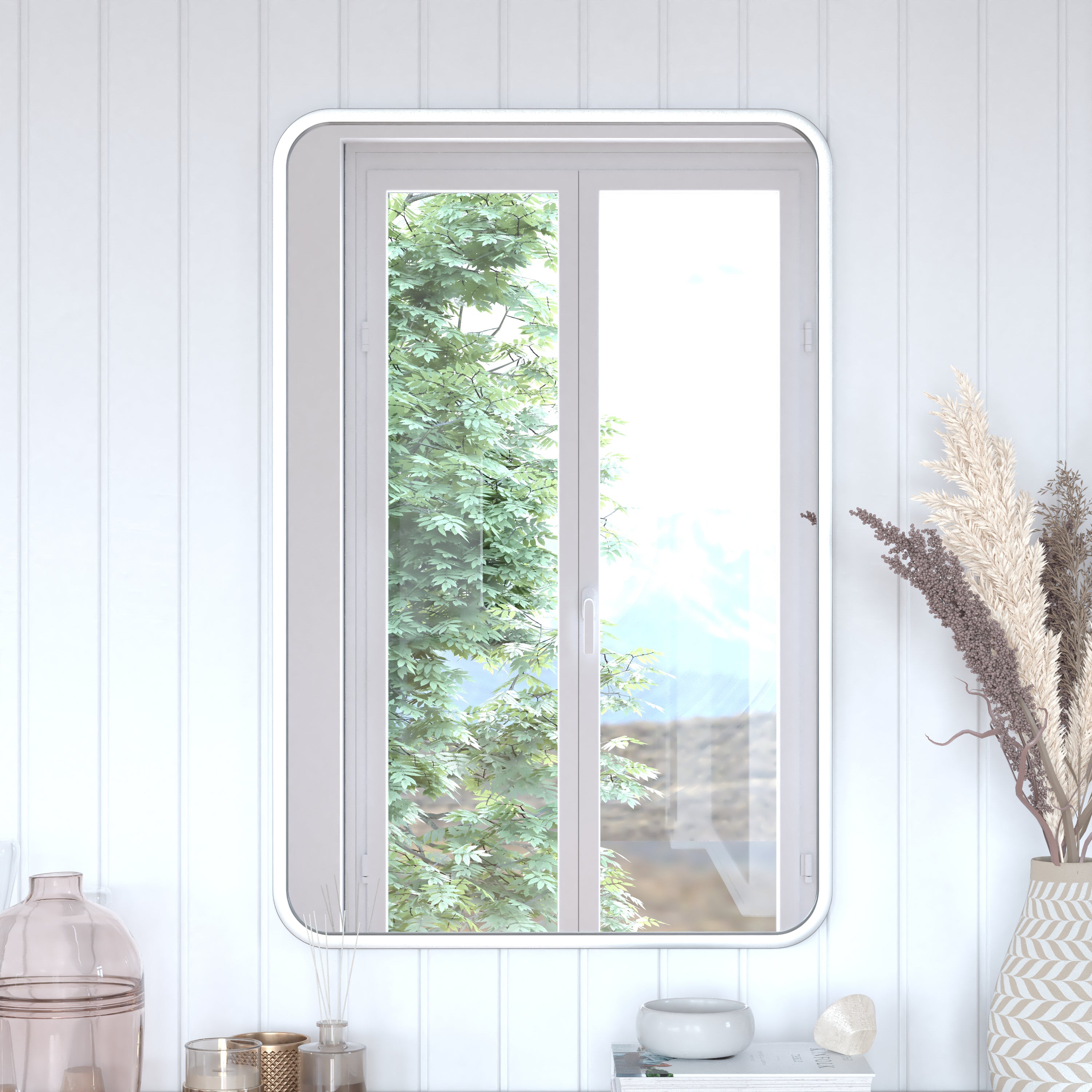 Jada 24" x 36" Decorative Wall Mirror - Rounded Corners, Bathroom & Living Room Glass Mirror Hangs Horizontal Or Vertical, Matte Silver