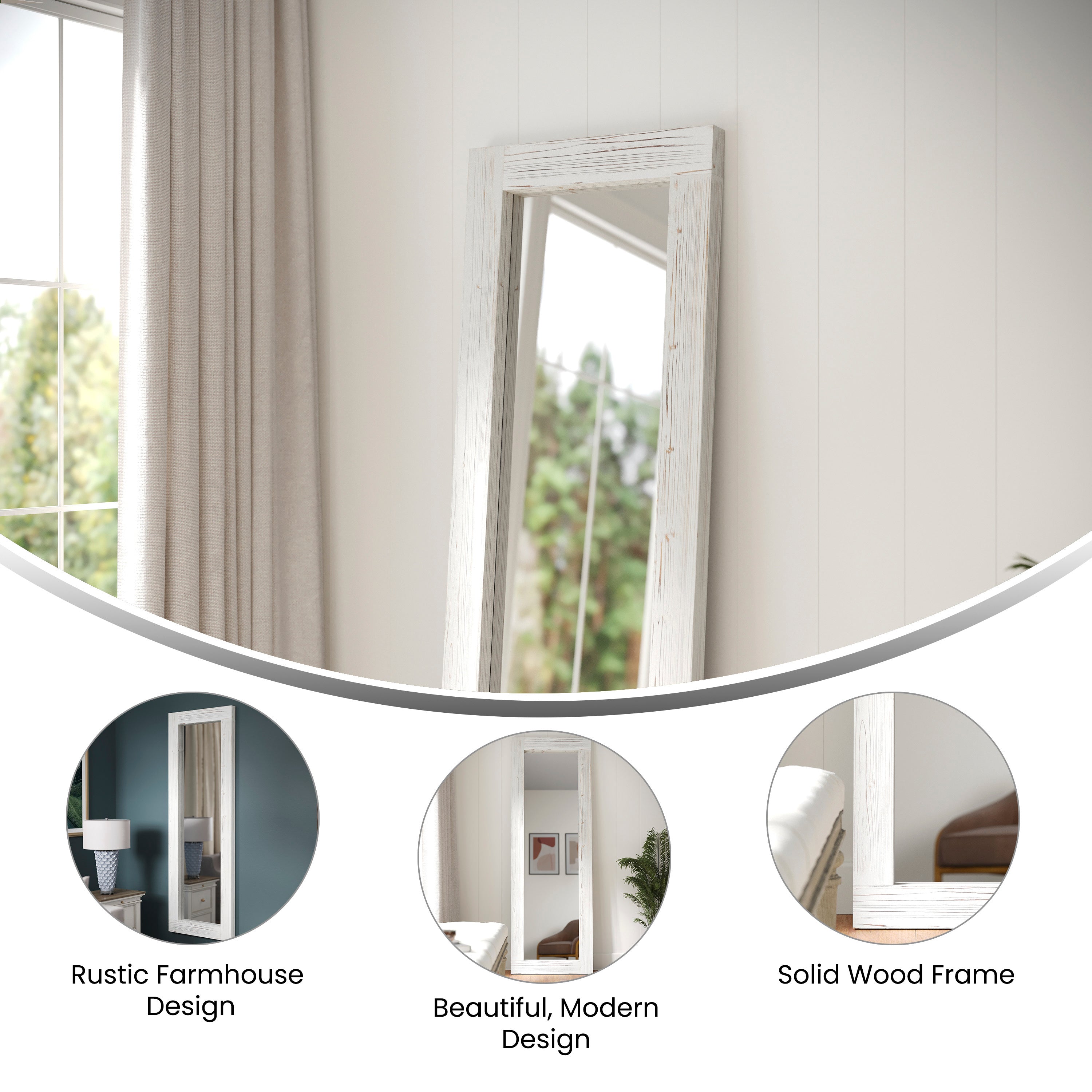 Graham 22x65 Full Length Mirror, Wall Mounted or Wall Leaning, Rustic Solid Wood Frame in White Wash