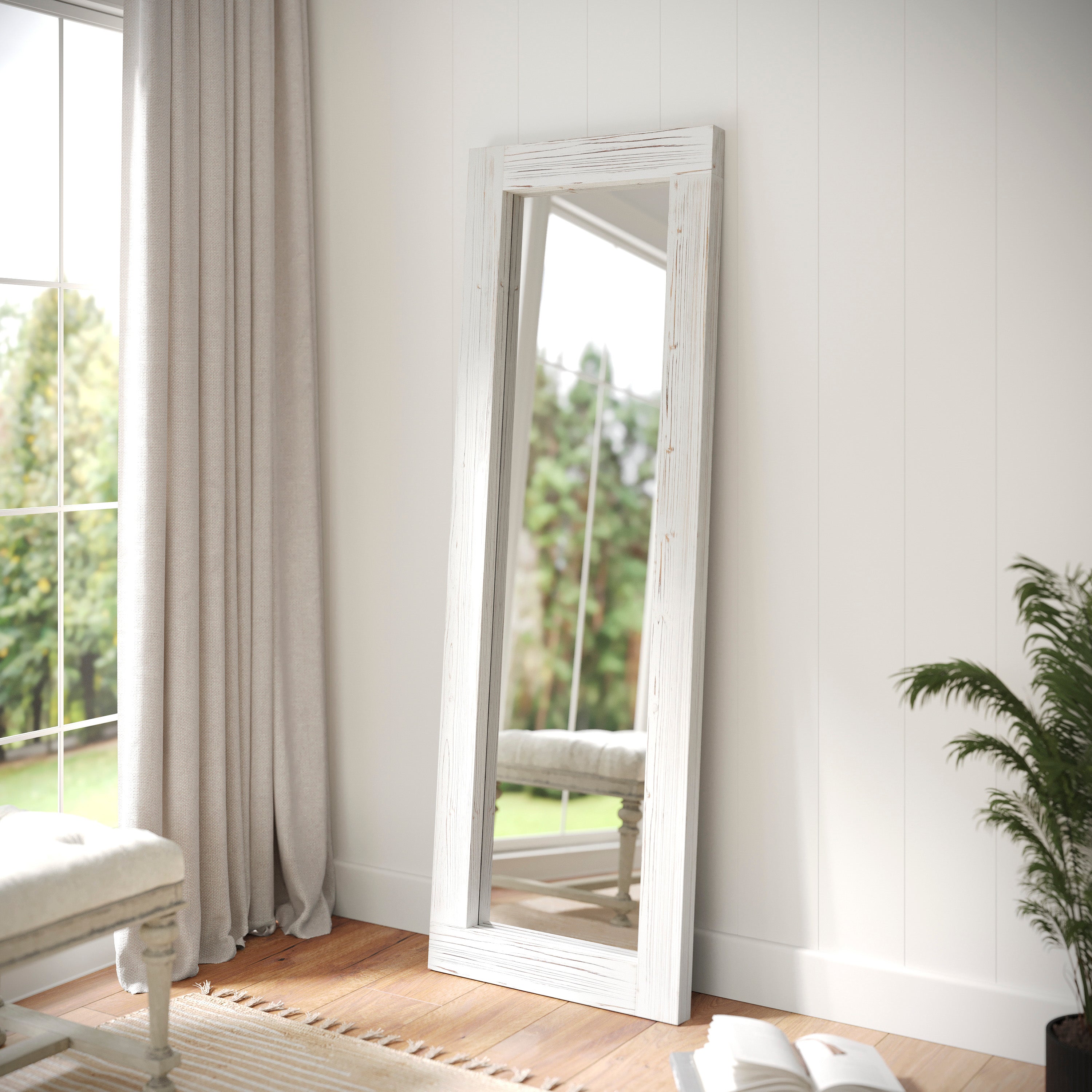 Graham 22x65 Full Length Mirror, Wall Mounted or Wall Leaning, Rustic Solid Wood Frame in White Wash
