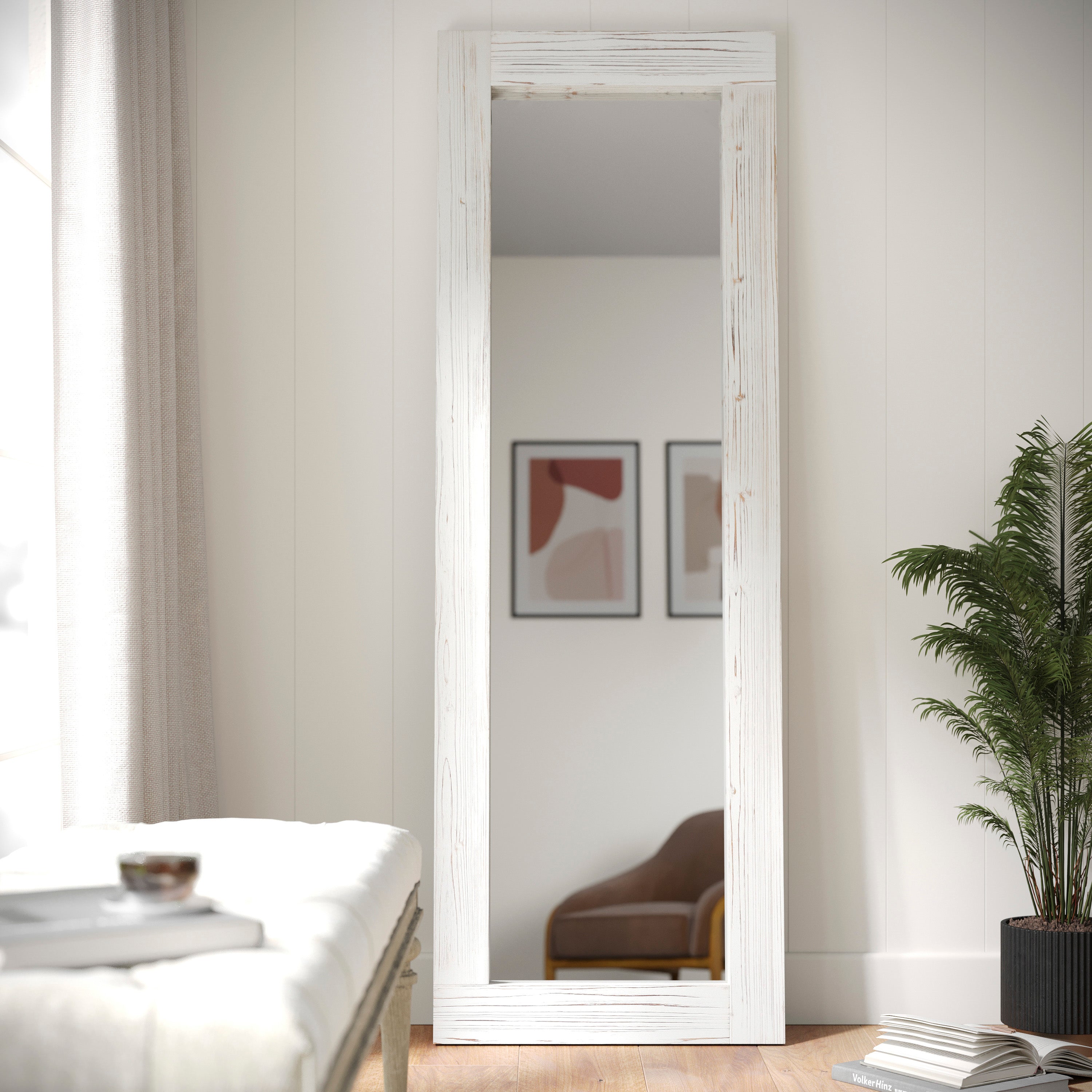 Graham 22x65 Full Length Mirror, Wall Mounted or Wall Leaning, Rustic Solid Wood Frame in White Wash