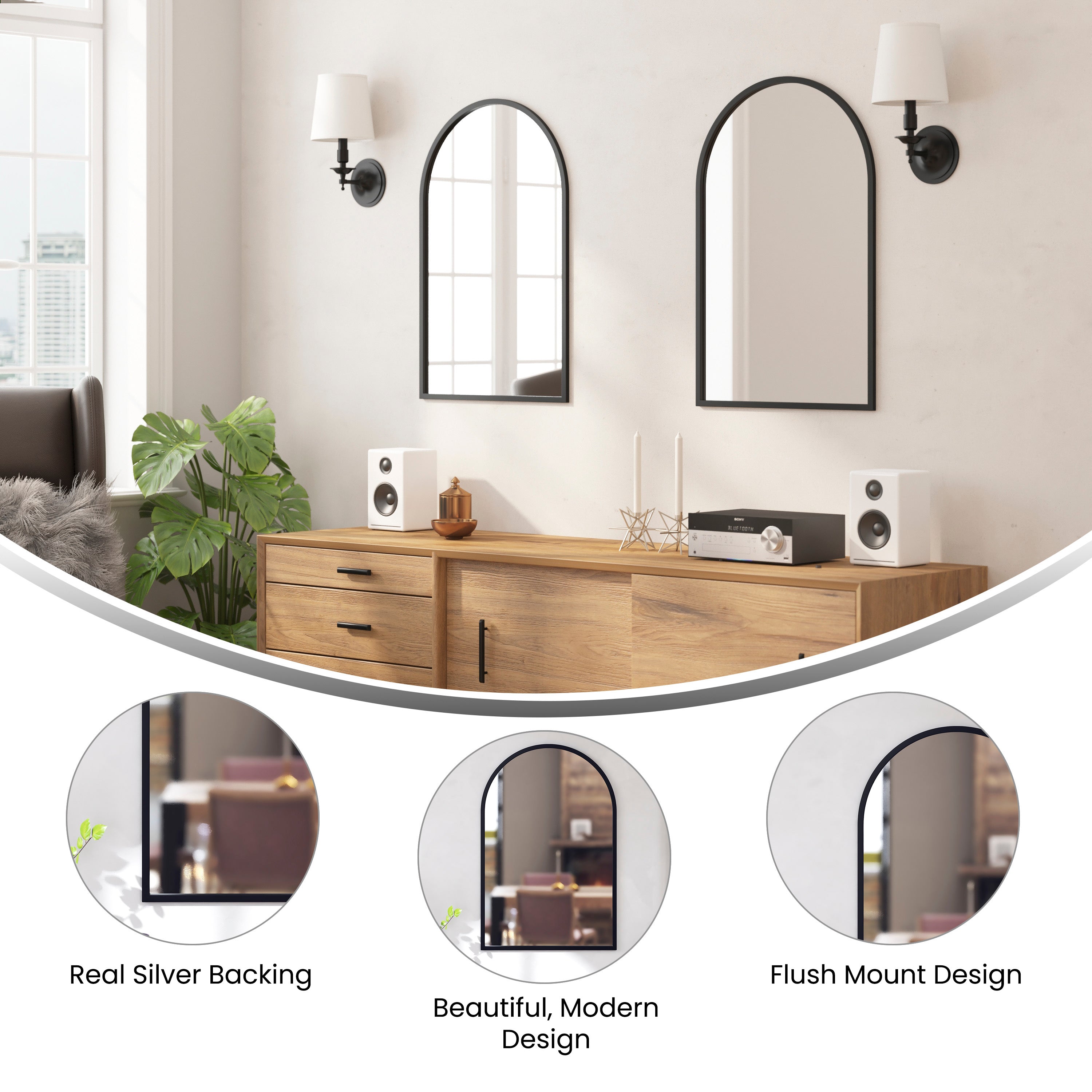 Mila 20"x30" Arched Metal Framed Wall Mirror for Hallways, Entryways, Dining and Living Rooms, Black