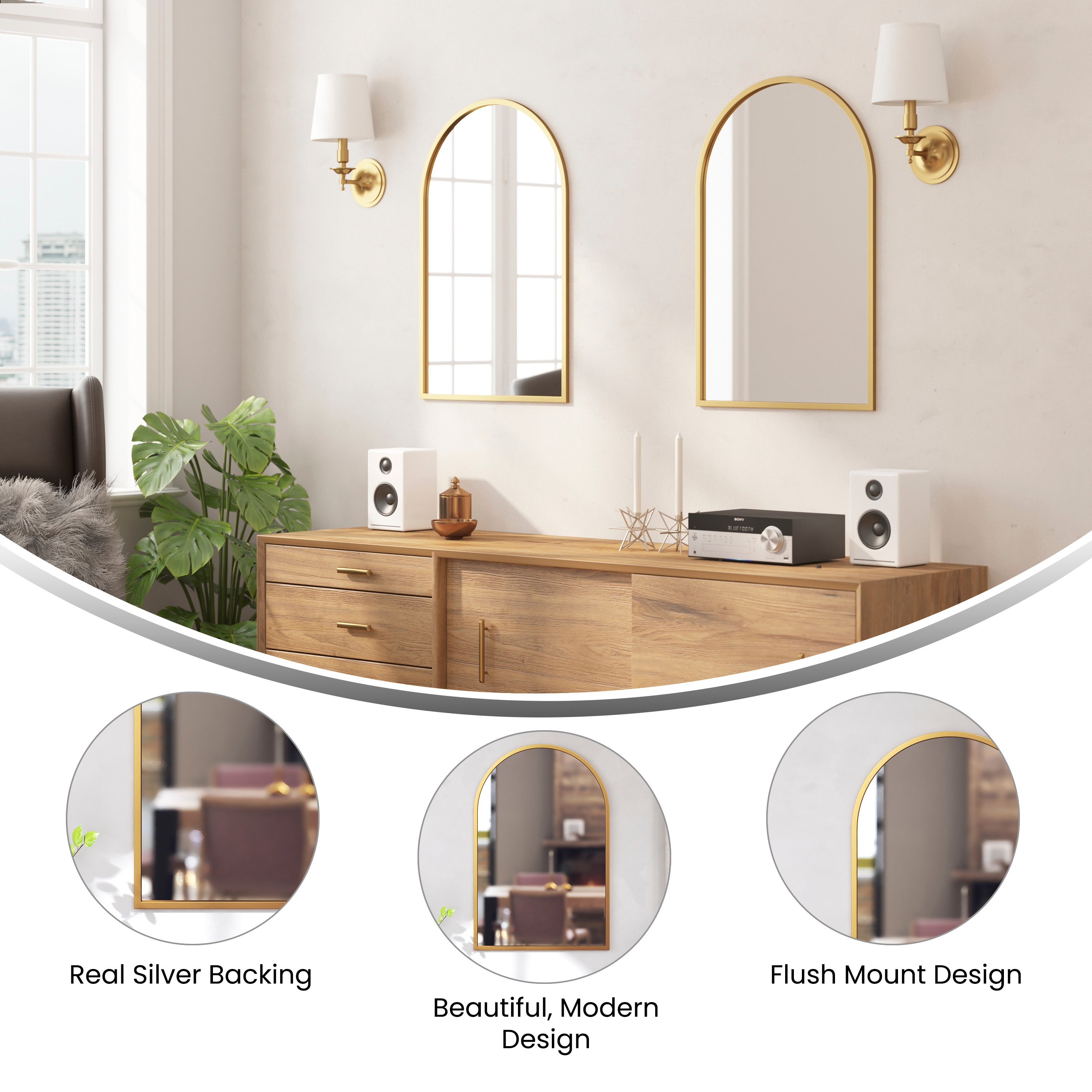 Mila 20"x30" Arched Metal Framed Wall Mirror for Hallways, Entryways, Dining and Living Rooms, Gold
