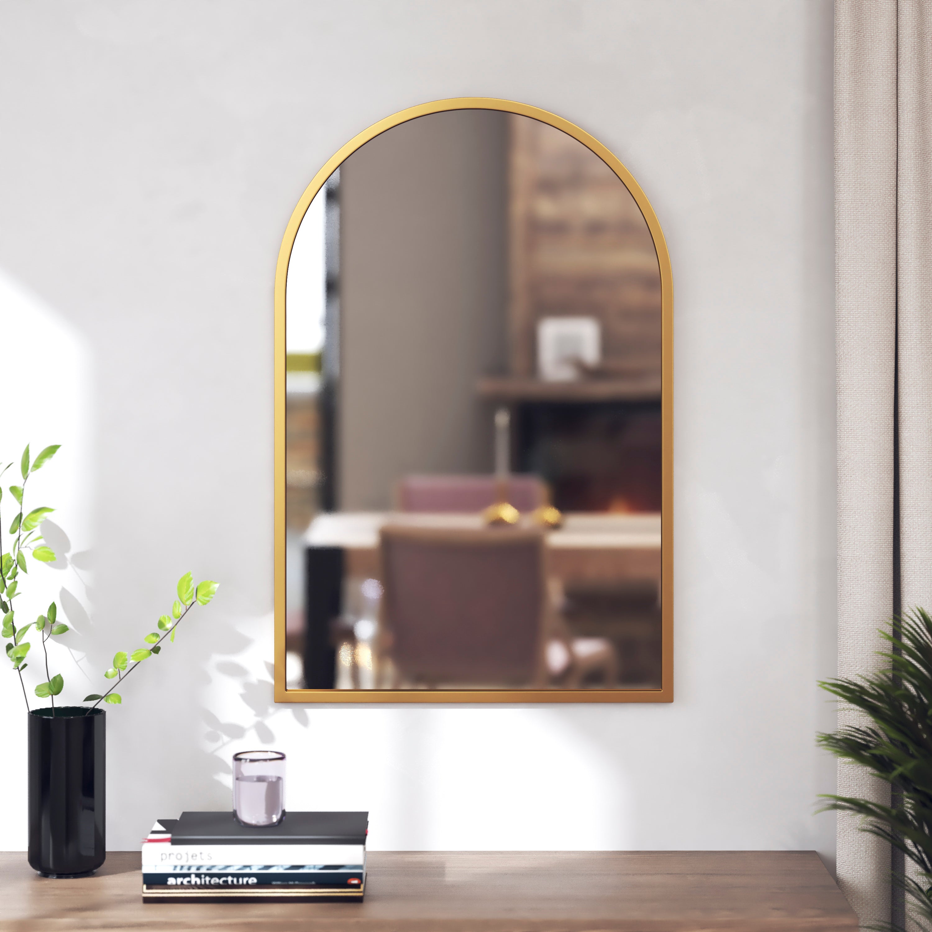 Mila 20"x30" Arched Metal Framed Wall Mirror for Hallways, Entryways, Dining and Living Rooms, Gold