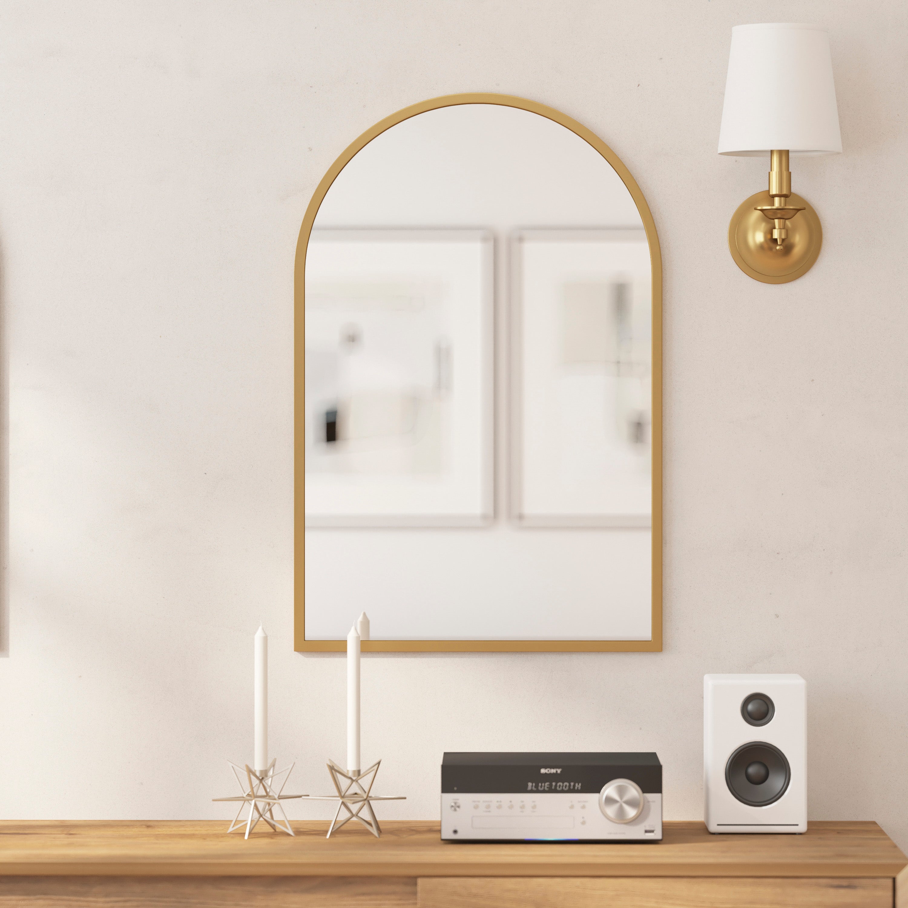 Mila 20"x30" Arched Metal Framed Wall Mirror for Hallways, Entryways, Dining and Living Rooms, Gold