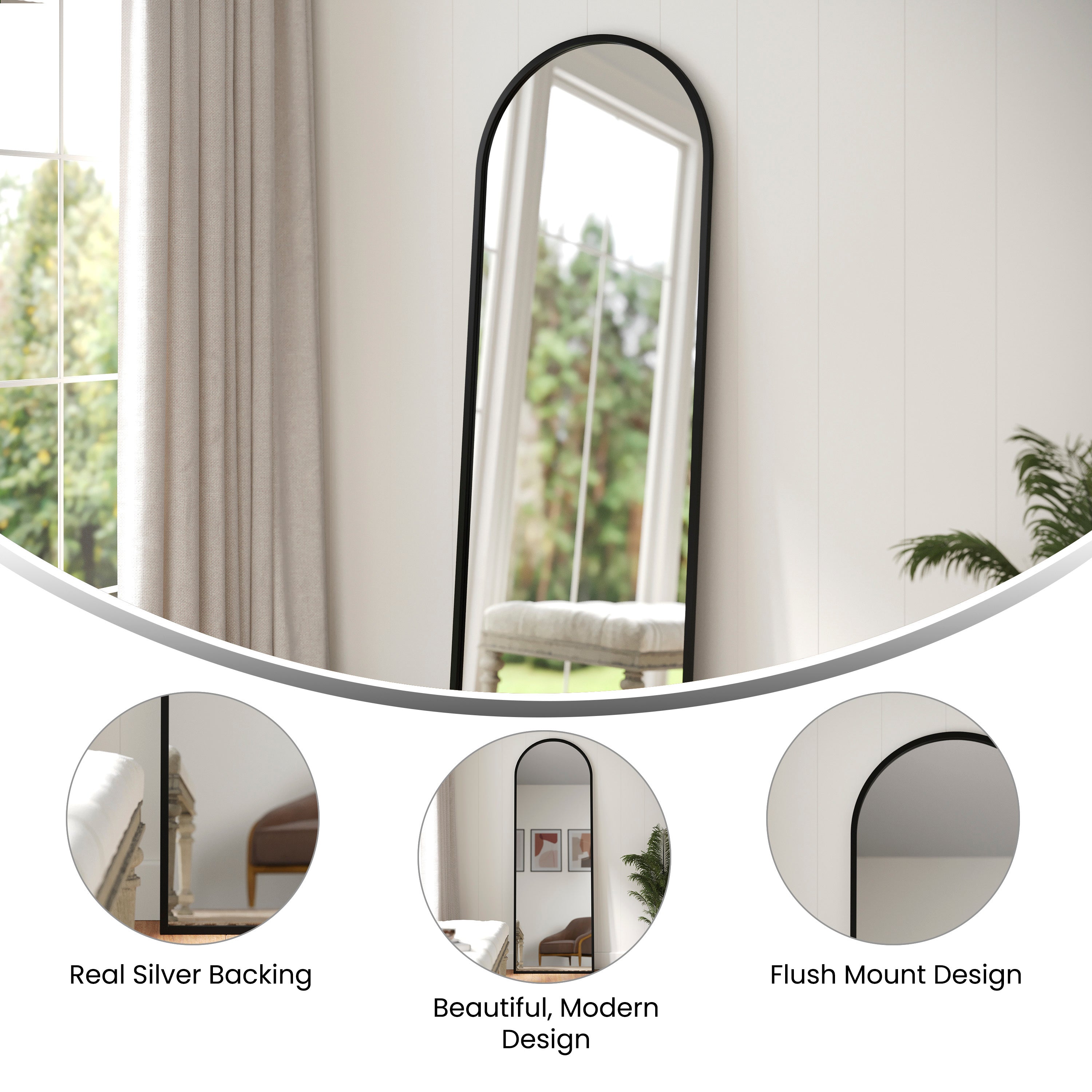 Mila 22"x65" Arched Metal Framed Wall Mirror for Hallways, Entryways, Dining and Living Rooms, Black