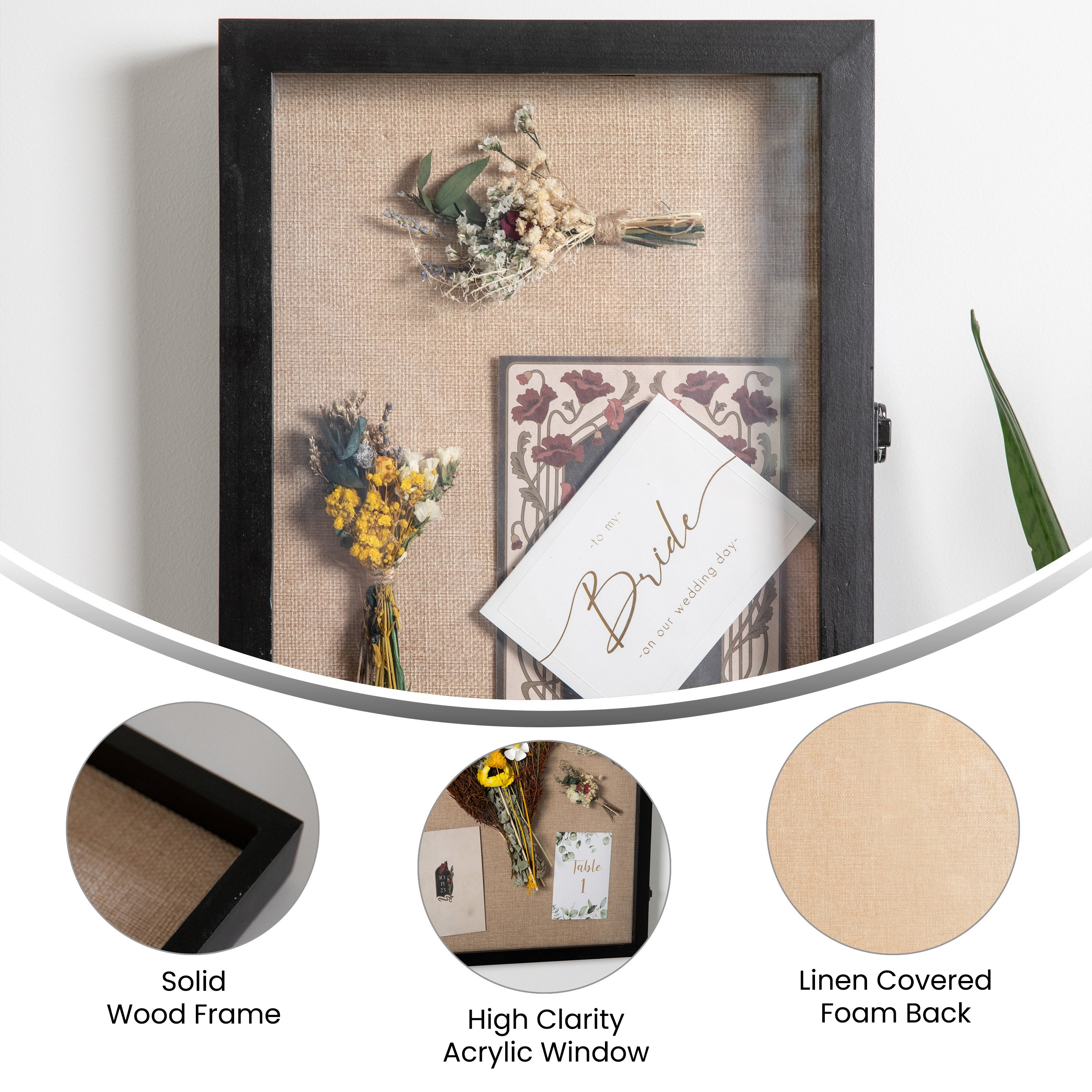 Peyton 11x14 Shadow Box Display Case with Linen Liner, 8 Push Pins and Solid Pine Wood Frame in Black