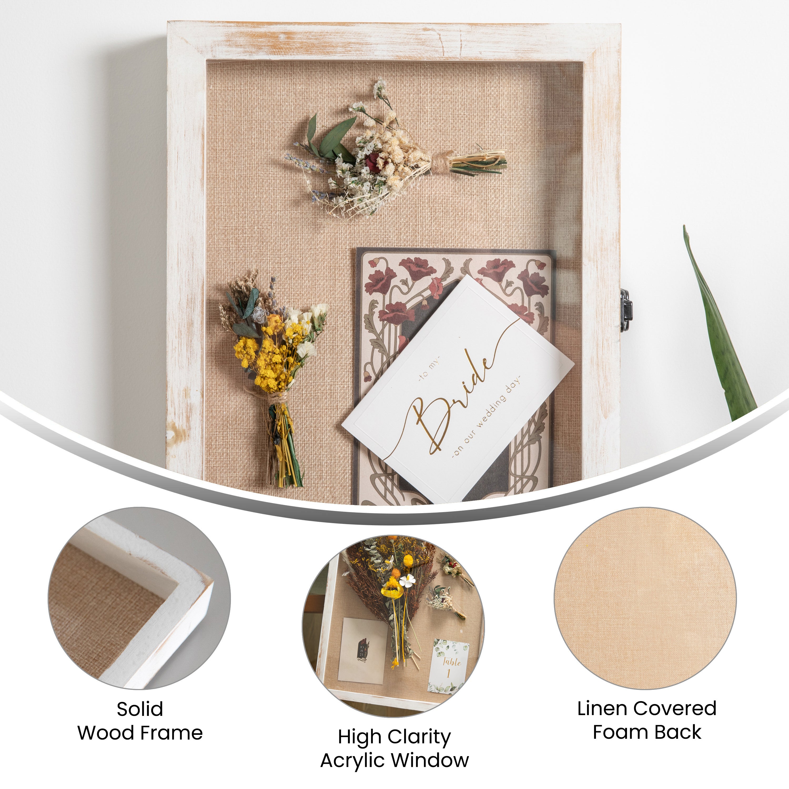 Peyton 11x14 Shadow Box Display Case with Linen Liner, 8 Push Pins and Solid Pine Wood Frame in Whitewash