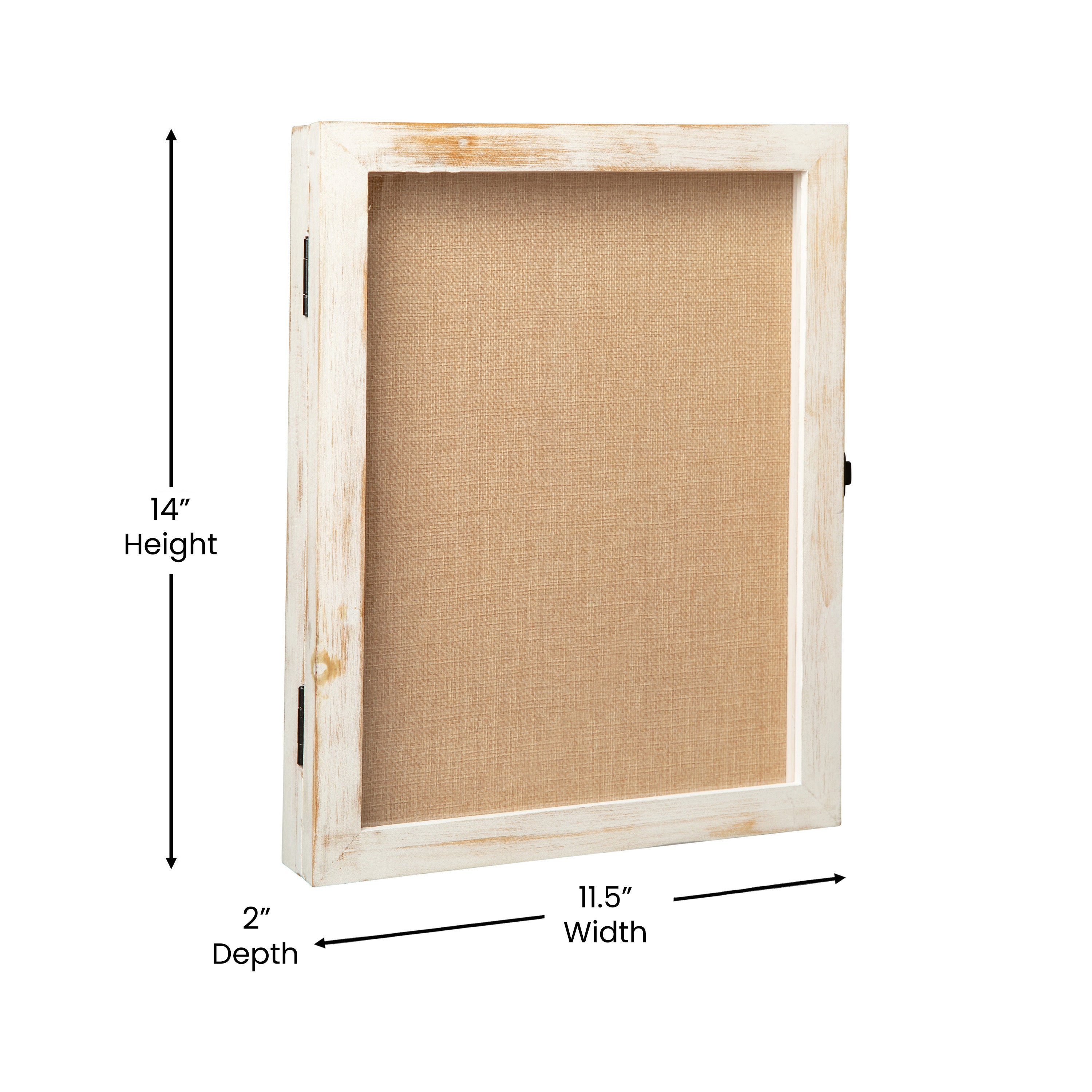 Peyton 11x14 Shadow Box Display Case with Linen Liner, 8 Push Pins and Solid Pine Wood Frame in Whitewash