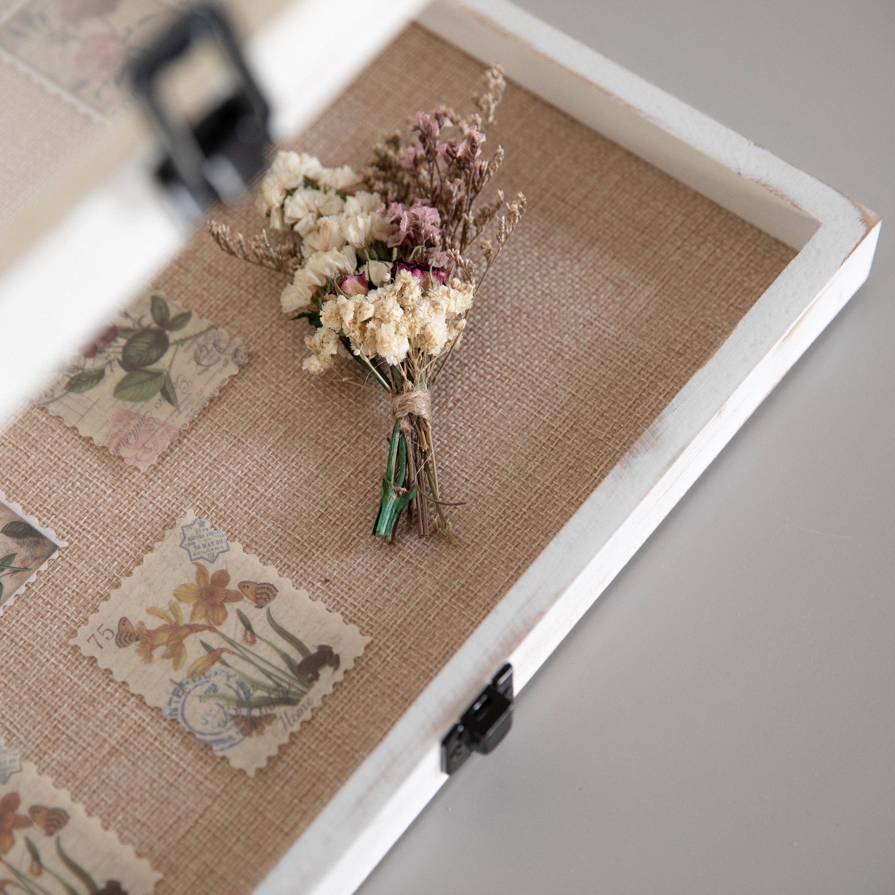 Peyton 11x14 Shadow Box Display Case with Linen Liner, 8 Push Pins and Solid Pine Wood Frame in Whitewash