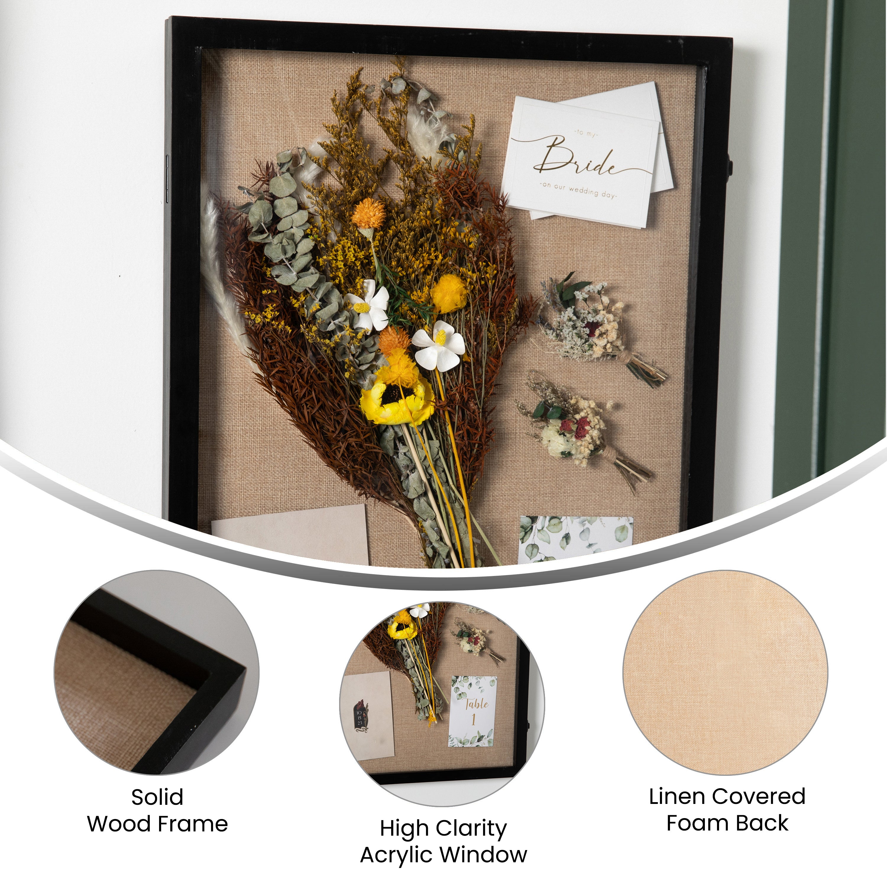 Peyton 18x24 Shadow Box Display Case with Linen Liner, 8 Push Pins and Solid Pine Wood Frame in Black