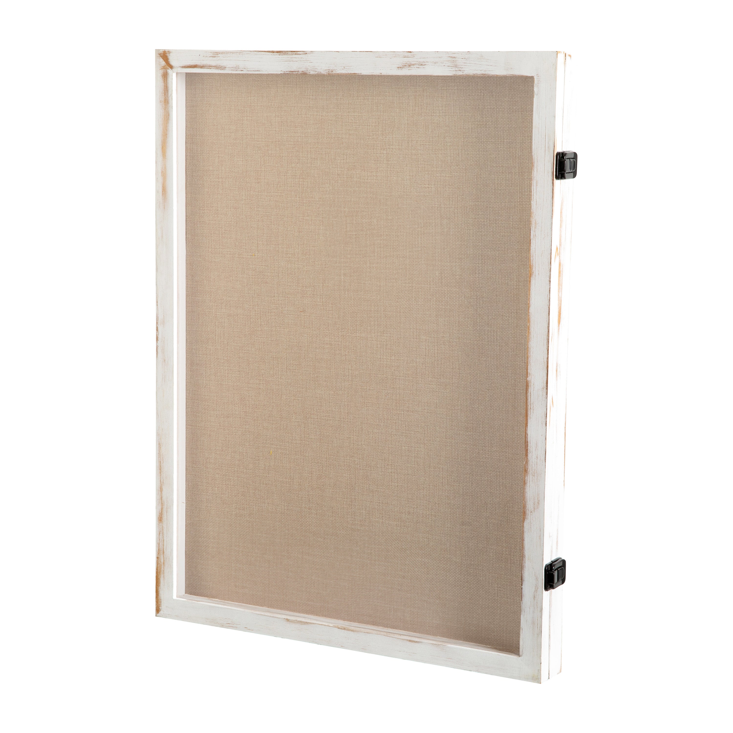 Peyton 18x24 Shadow Box Display Case with Linen Liner, 8 Push Pins and Solid Pine Wood Frame in Whitewash