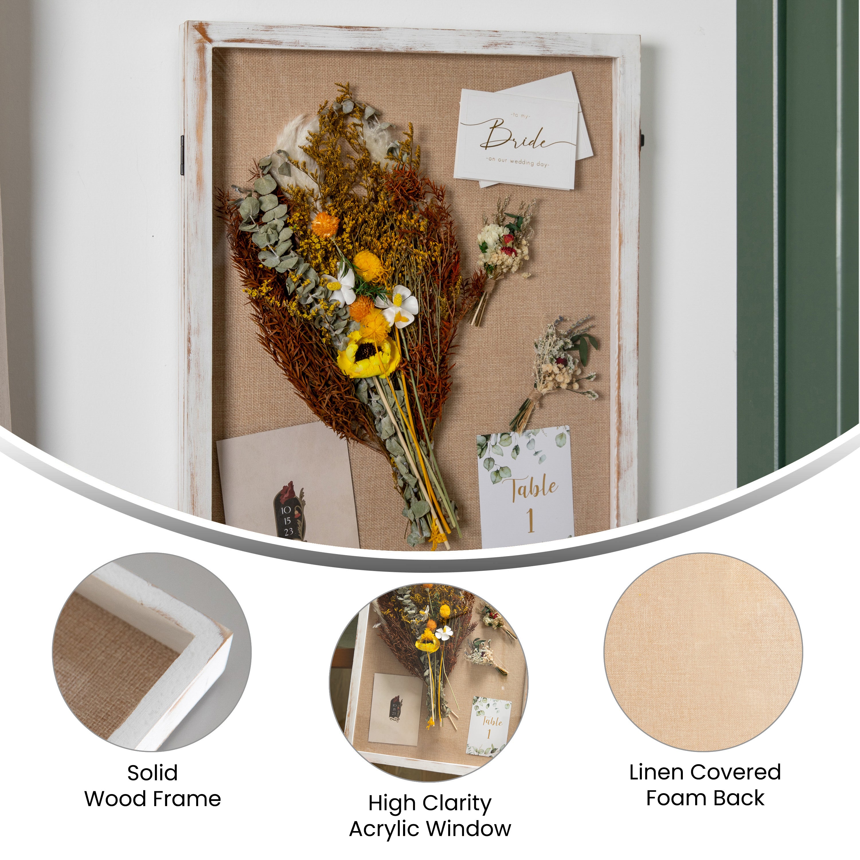 Peyton 18x24 Shadow Box Display Case with Linen Liner, 8 Push Pins and Solid Pine Wood Frame in Whitewash