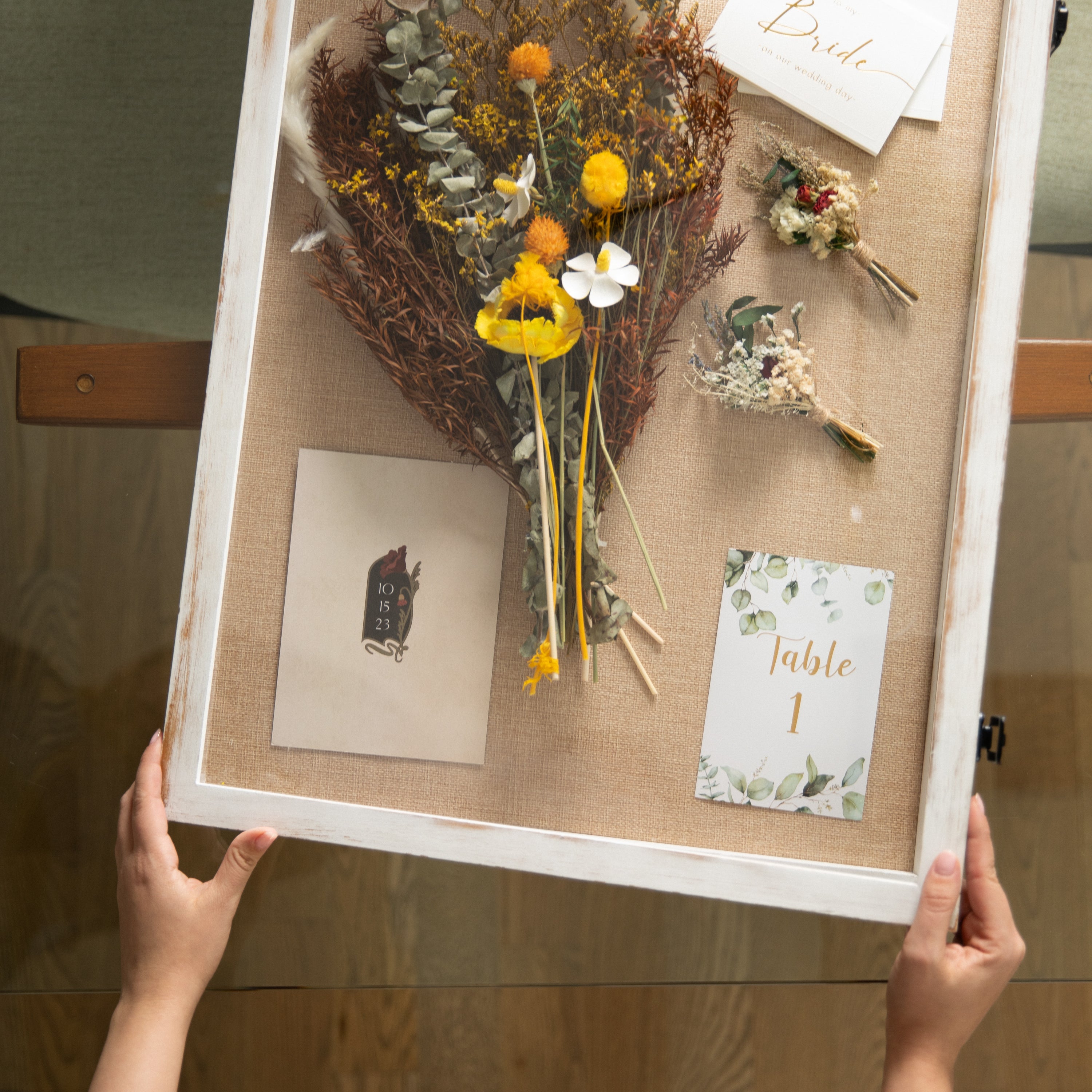 Peyton 18x24 Shadow Box Display Case with Linen Liner, 8 Push Pins and Solid Pine Wood Frame in Whitewash