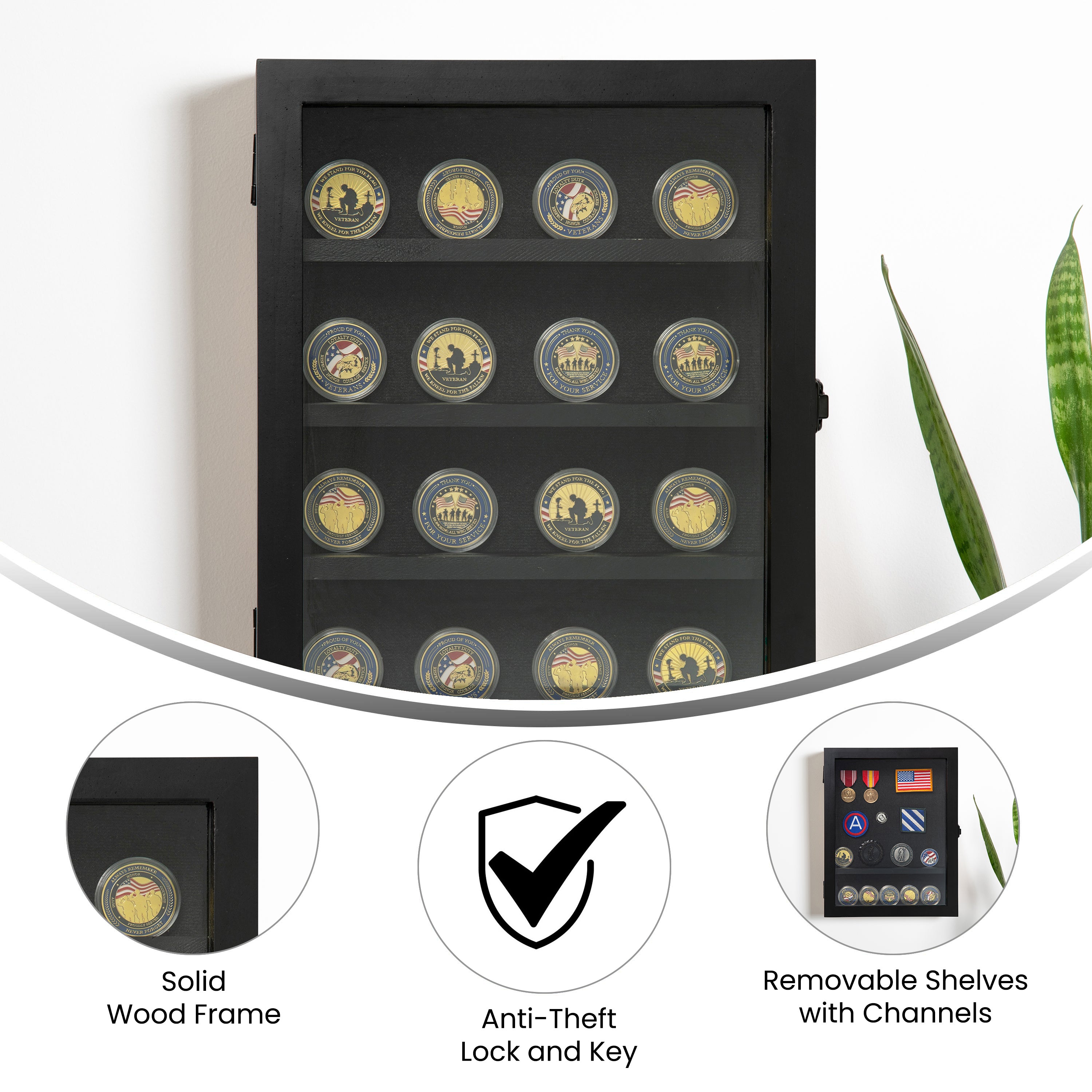 Maverick 11x14 Solid Pine Medals Display Case with 3 Channel Grooved Removable Shelves in Black