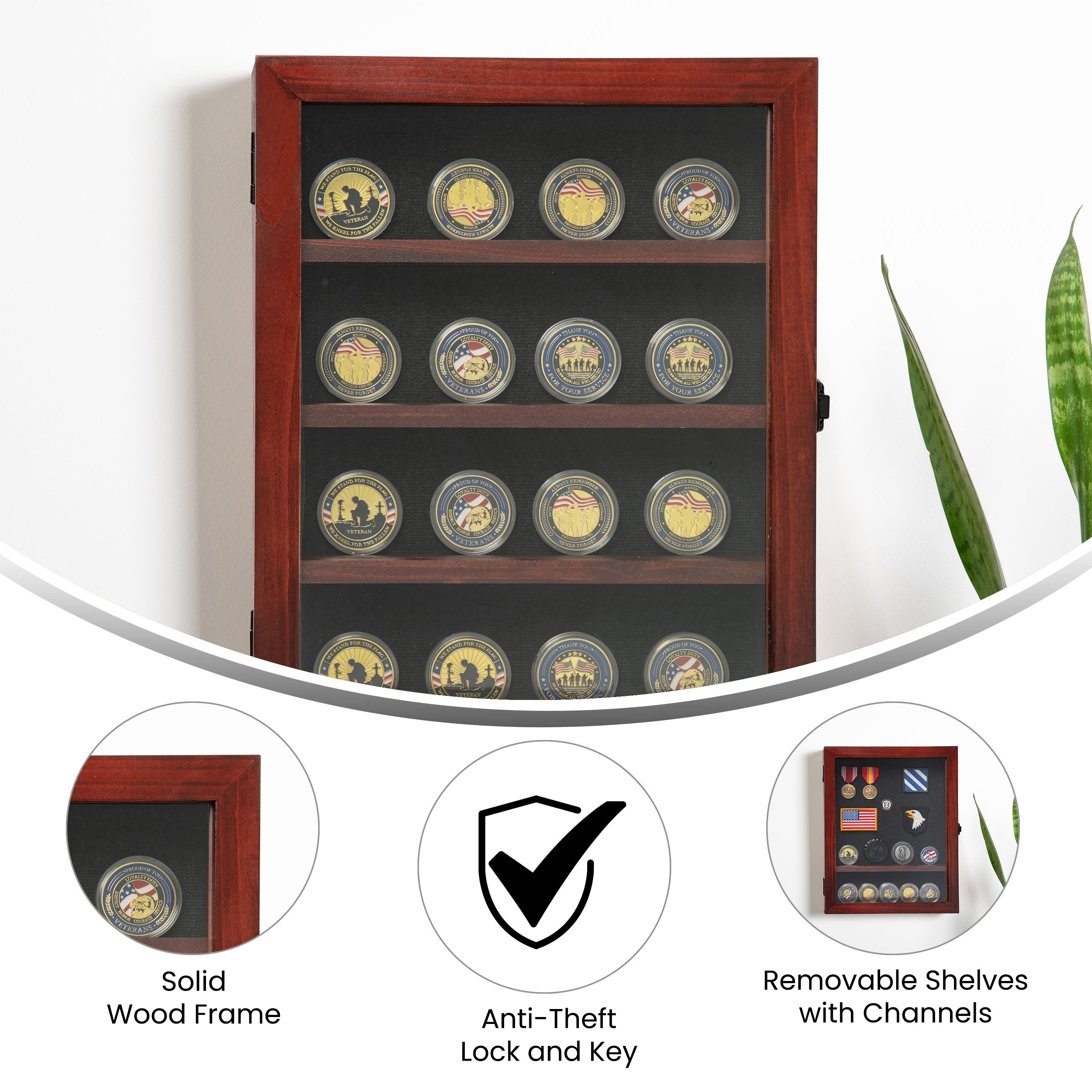 Maverick 11x14 Solid Pine Medals Display Case with 3 Channel Grooved Removable Shelves in Mahogany