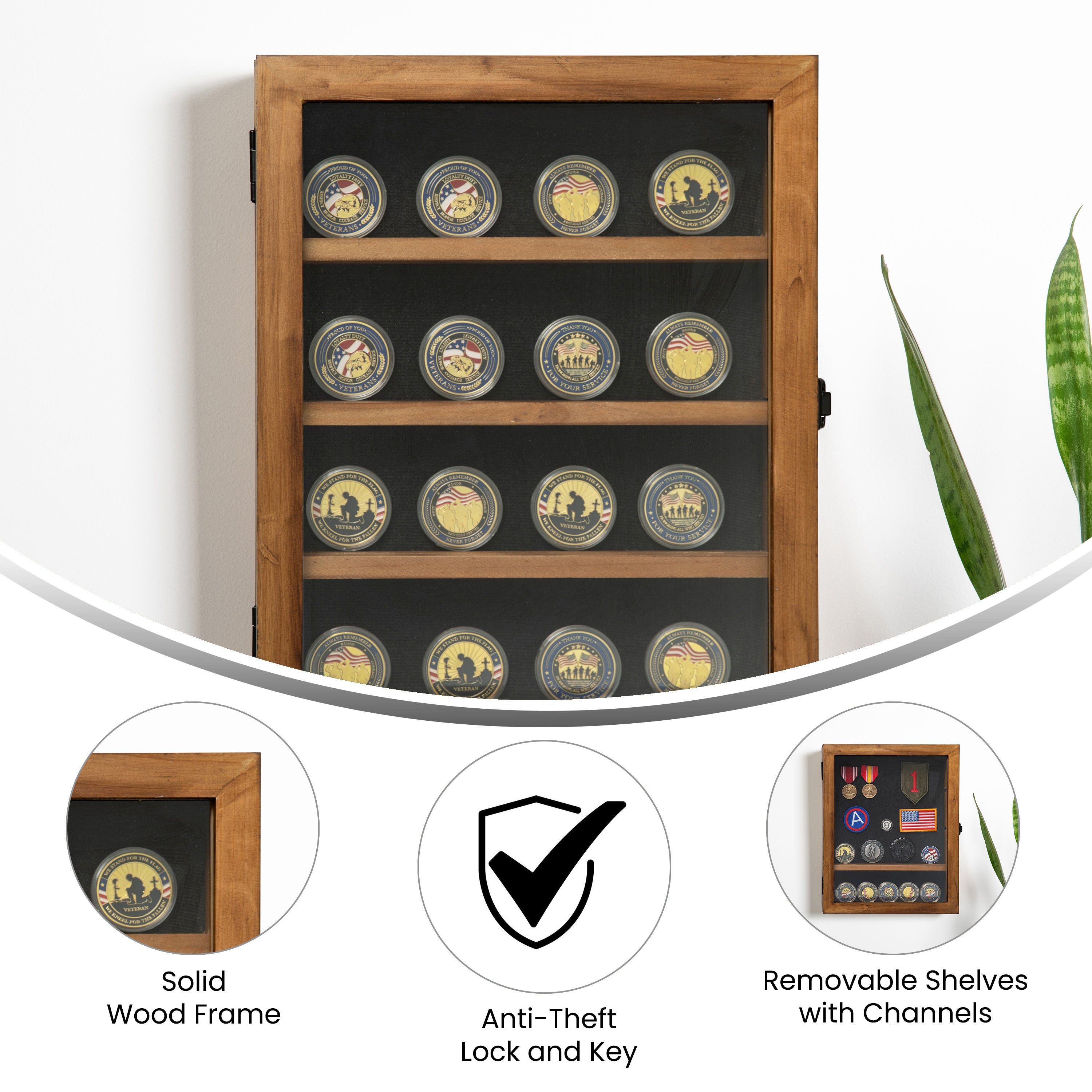 Maverick 11x14 Solid Pine Medals Display Case with 3 Channel Grooved Removable Shelves in Rustic Brown