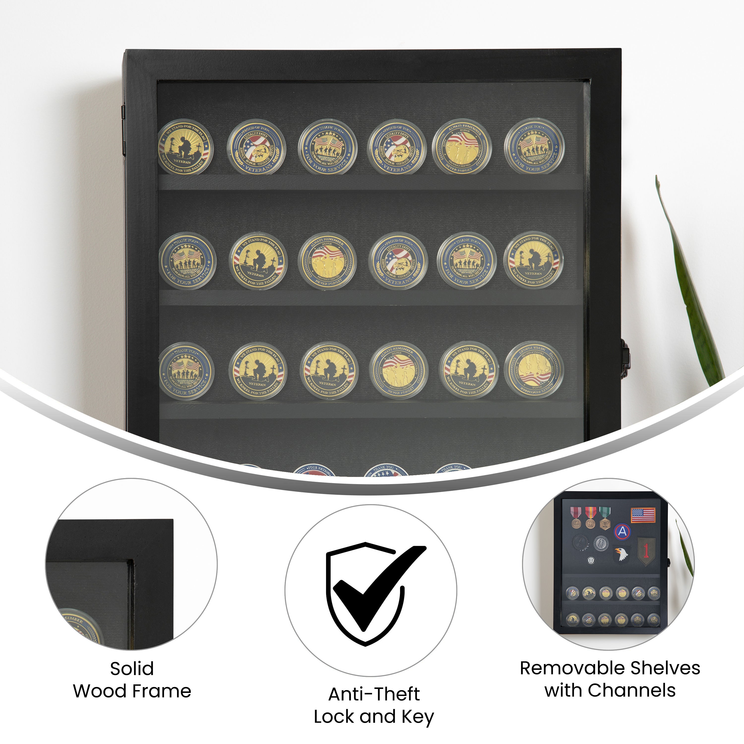 Maverick 14.5x17.5 Solid Pine Medals Display Case with 4 Channel Grooved Removable Shelves in Black