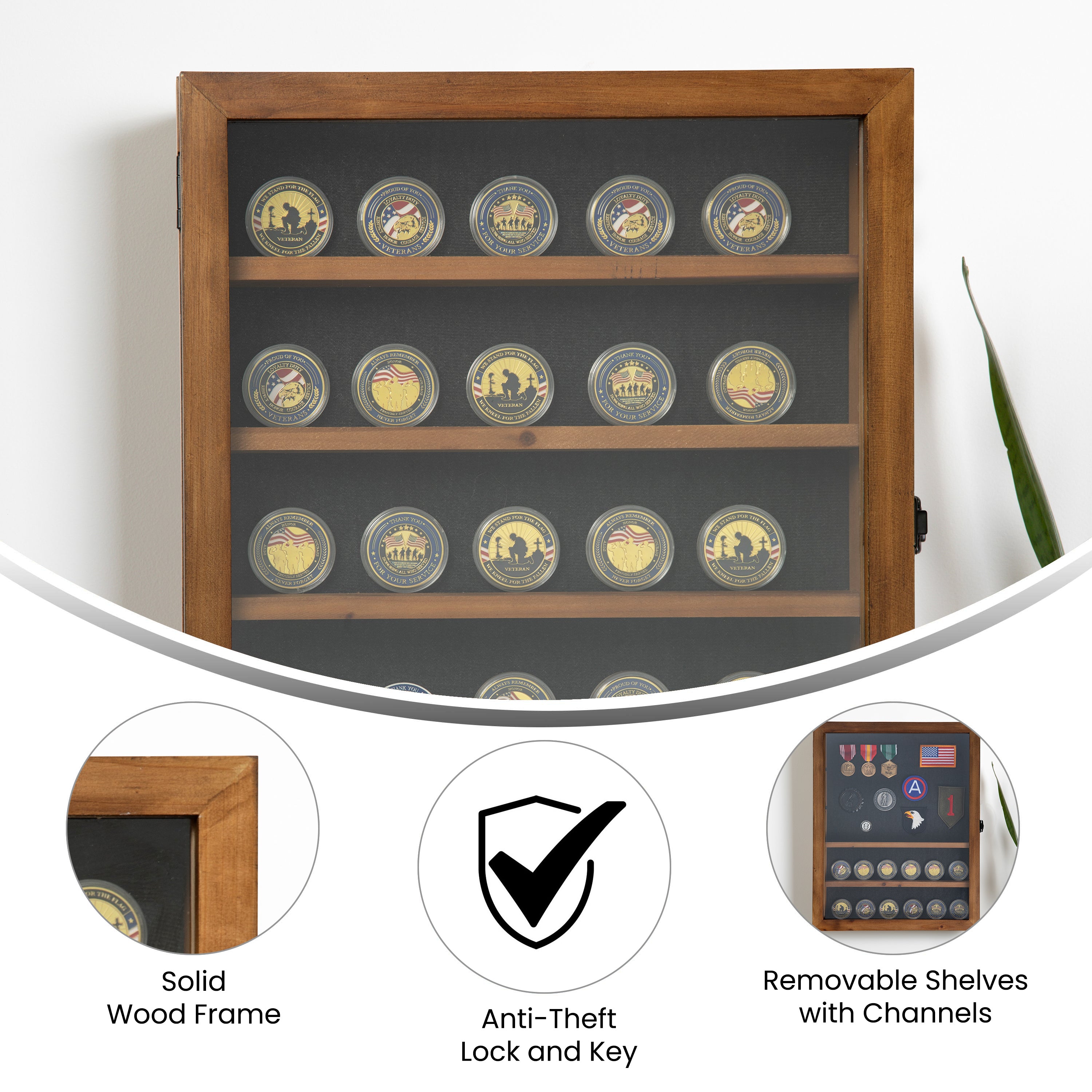 Maverick 14.5x17.5 Solid Pine Medals Display Case with 4 Channel Grooved Removable Shelves in Rustic Brown