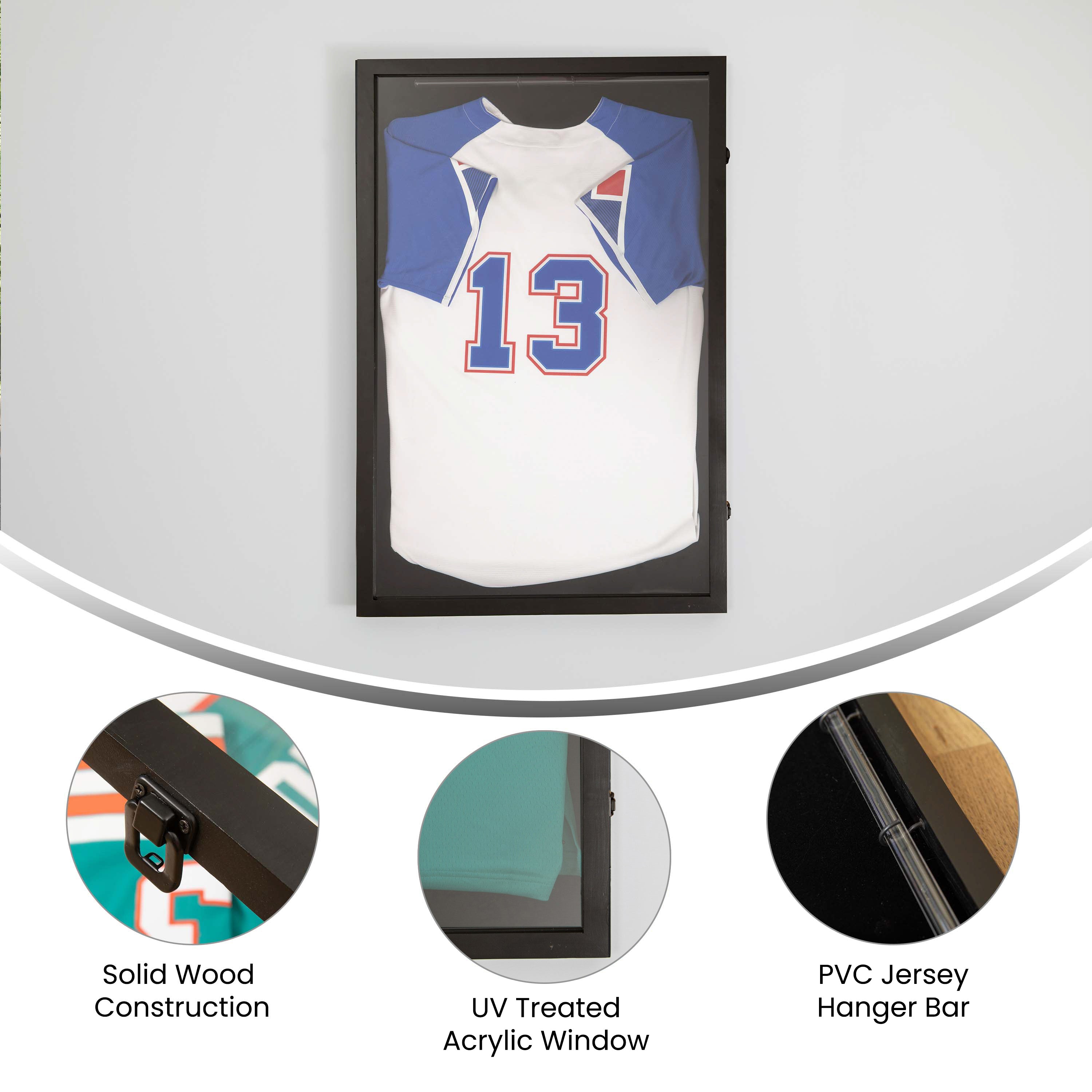 Banks 24x36 Jersey Display Case with Solid Pine Wood Frame, UV Treated Acrylic Window, Velvet Backing Board, and Anti-Theft Lock in Black