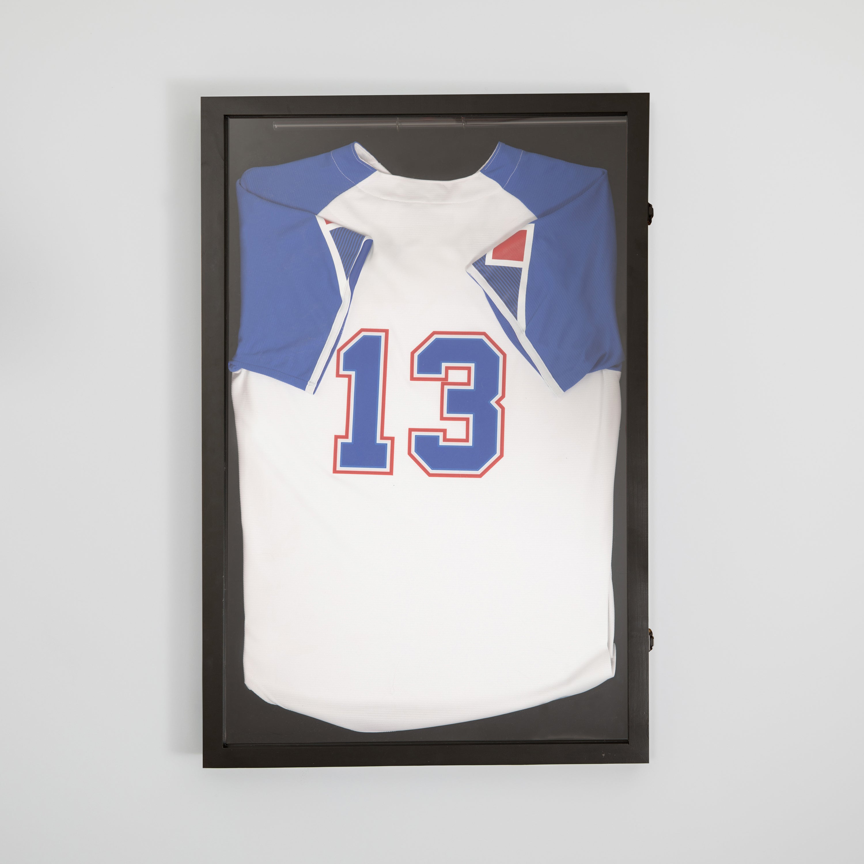 Banks 24x36 Jersey Display Case with Solid Pine Wood Frame, UV Treated Acrylic Window, Velvet Backing Board, and Anti-Theft Lock in Black