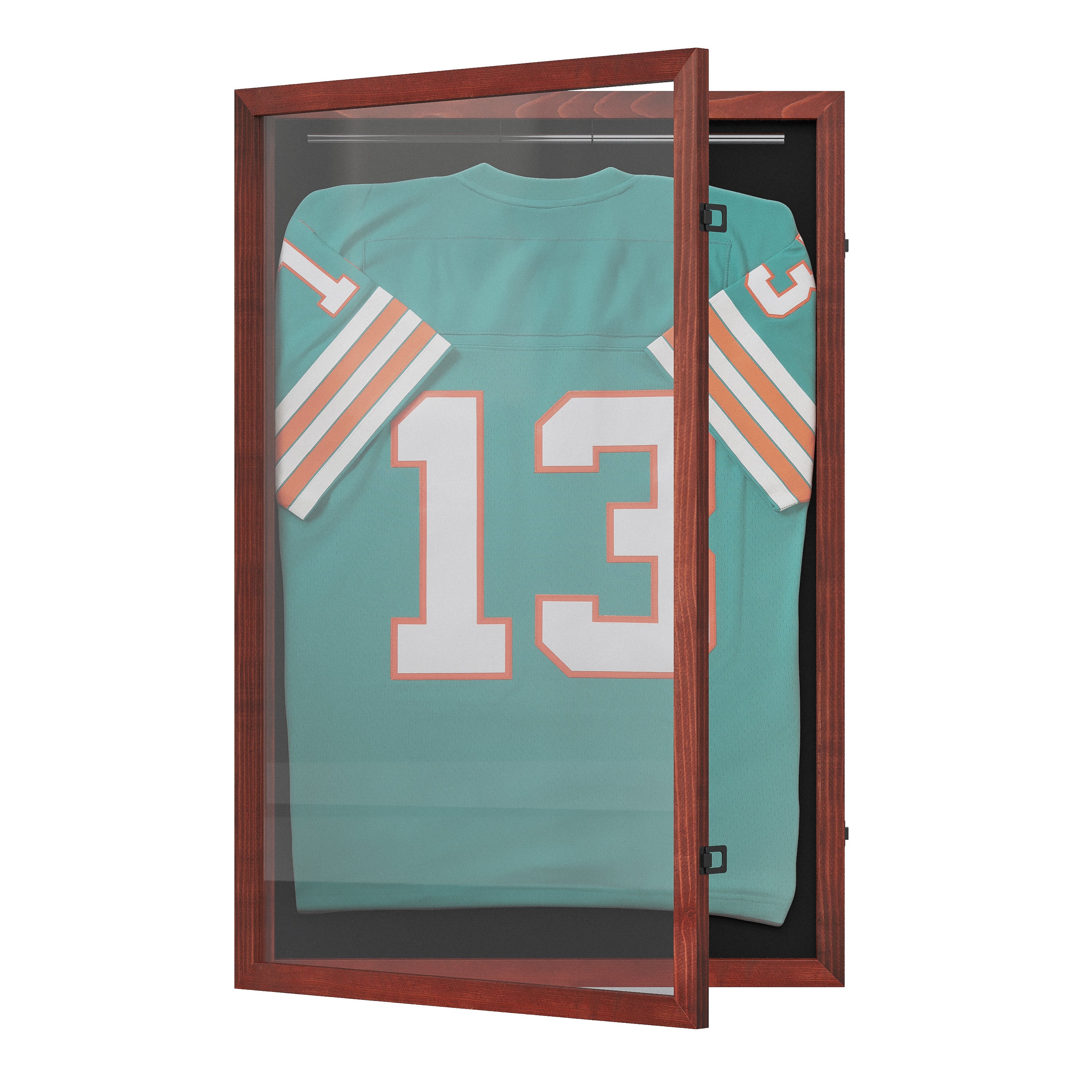 Banks 24x36 Jersey Display Case with Solid Pine Wood Frame, UV Treated Acrylic Window, Velvet Backing Board, and Anti-Theft Lock in Mahogany
