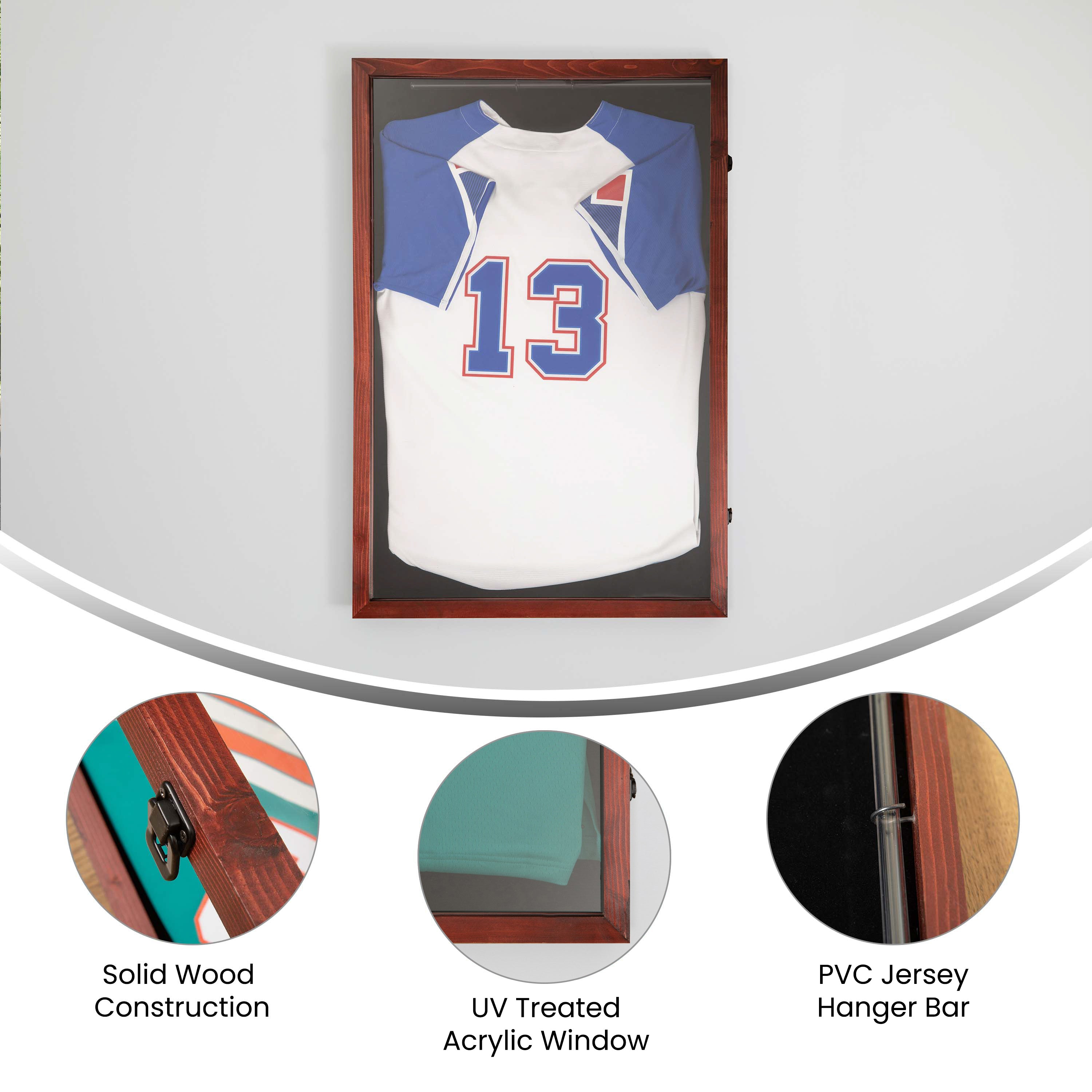 Banks 24x36 Jersey Display Case with Solid Pine Wood Frame, UV Treated Acrylic Window, Velvet Backing Board, and Anti-Theft Lock in Mahogany