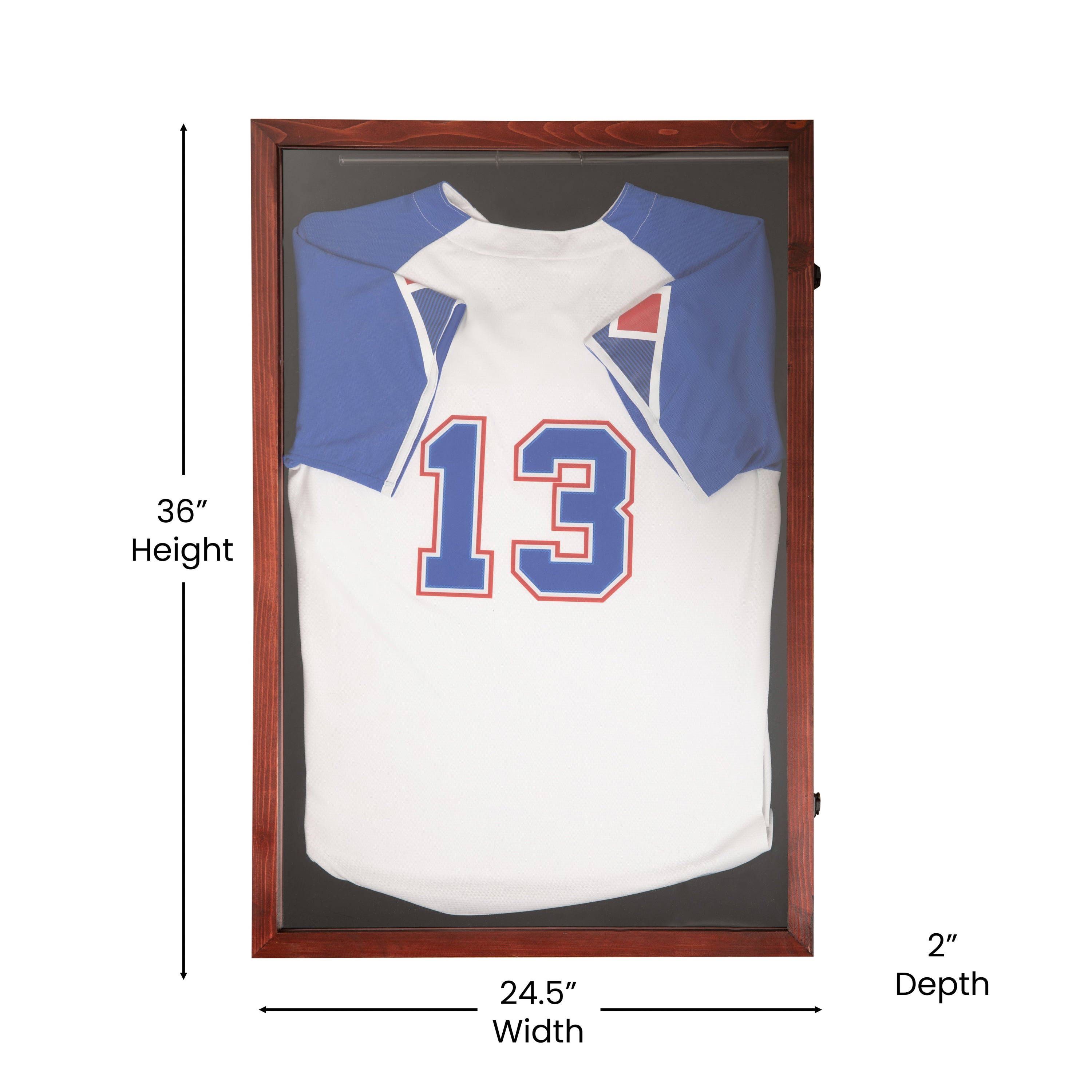 Banks 24x36 Jersey Display Case with Solid Pine Wood Frame, UV Treated Acrylic Window, Velvet Backing Board, and Anti-Theft Lock in Mahogany