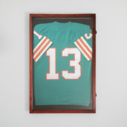 Banks 24x36 Jersey Display Case with Solid Pine Wood Frame, UV Treated Acrylic Window, Velvet Backing Board, and Anti-Theft Lock in Mahogany