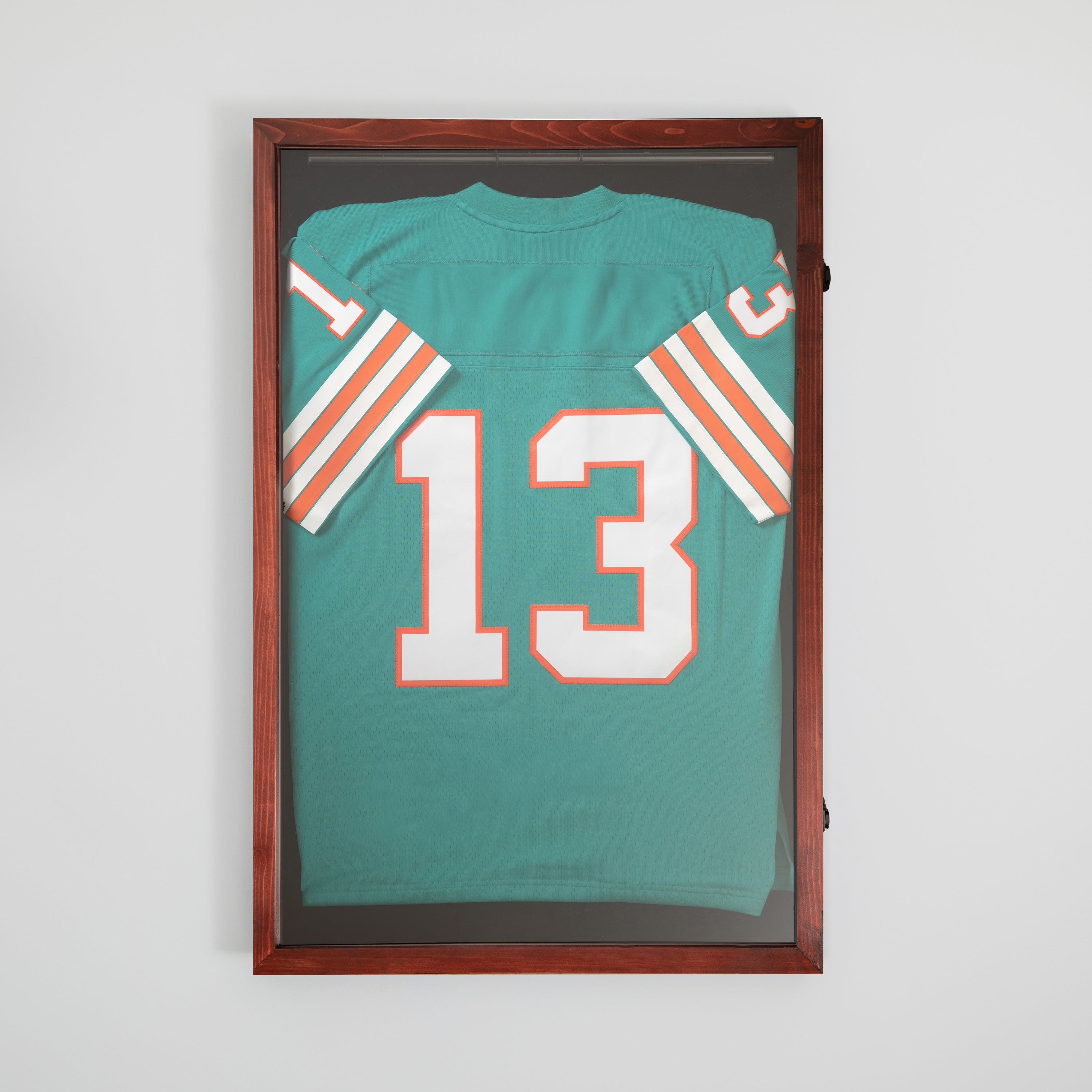 Banks 24x36 Jersey Display Case with Solid Pine Wood Frame, UV Treated Acrylic Window, Velvet Backing Board, and Anti-Theft Lock in Mahogany