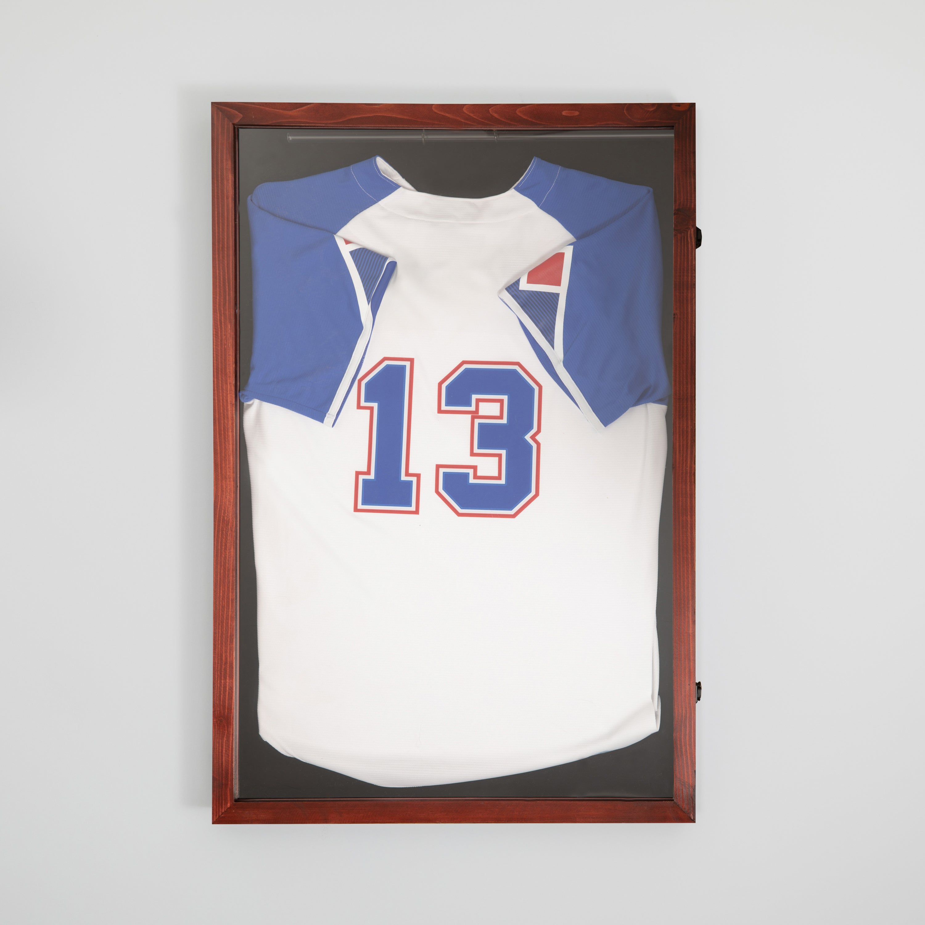 Banks 24x36 Jersey Display Case with Solid Pine Wood Frame, UV Treated Acrylic Window, Velvet Backing Board, and Anti-Theft Lock in Mahogany