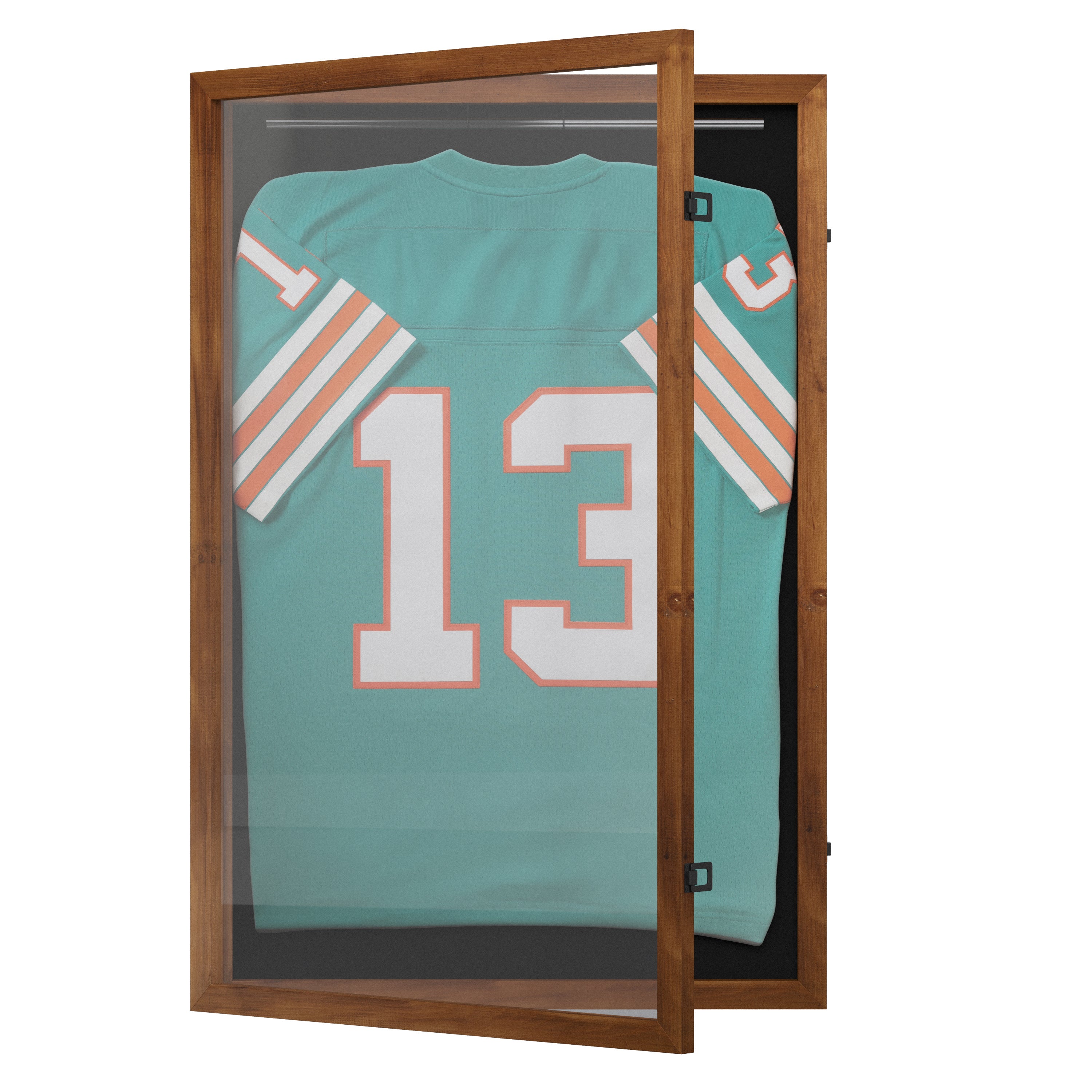Banks 24x36 Jersey Display Case with Solid Pine Wood Frame, UV Treated Acrylic Window, Velvet Backing Board, and Anti-Theft Lock in Rustic Brown
