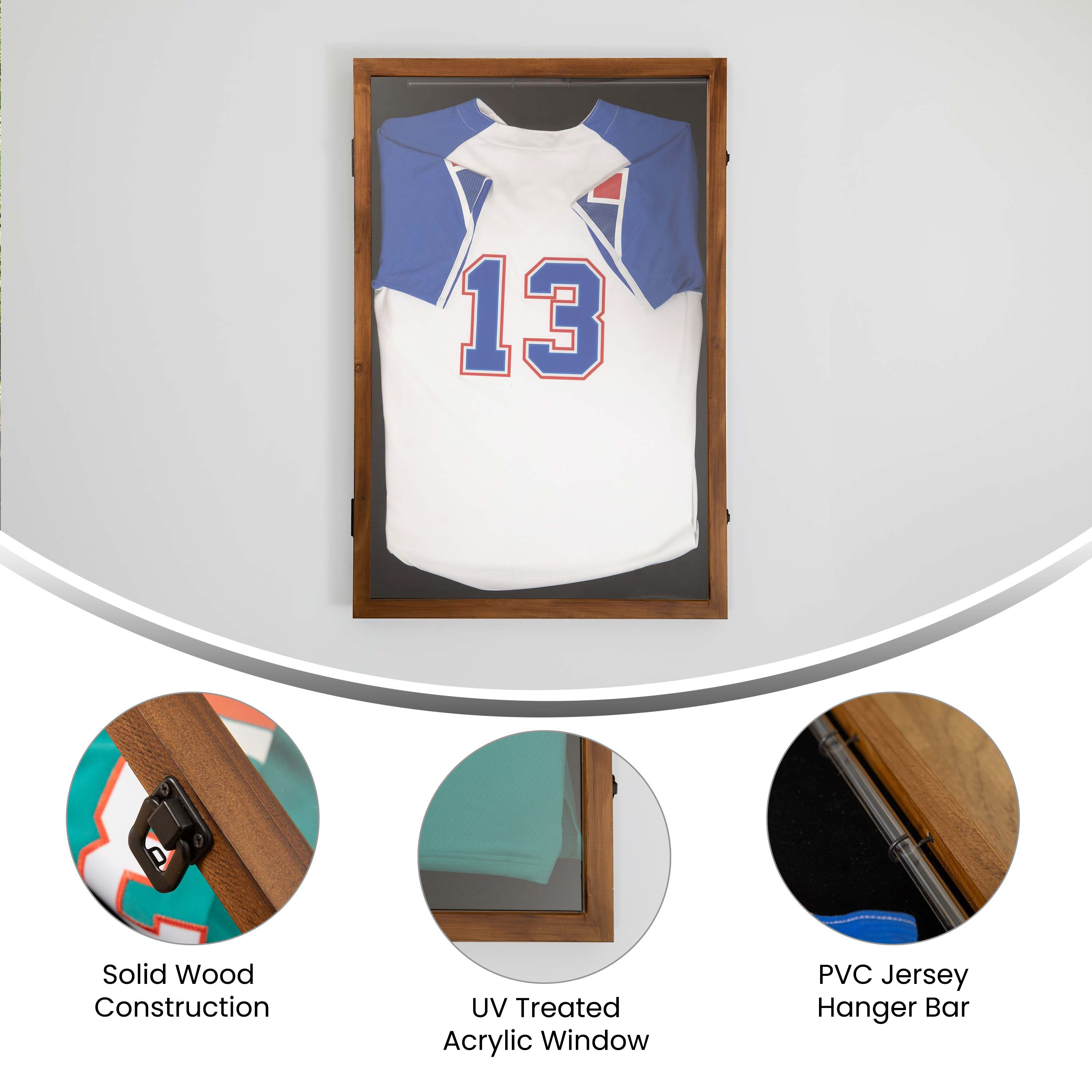 Banks 24x36 Jersey Display Case with Solid Pine Wood Frame, UV Treated Acrylic Window, Velvet Backing Board, and Anti-Theft Lock in Rustic Brown