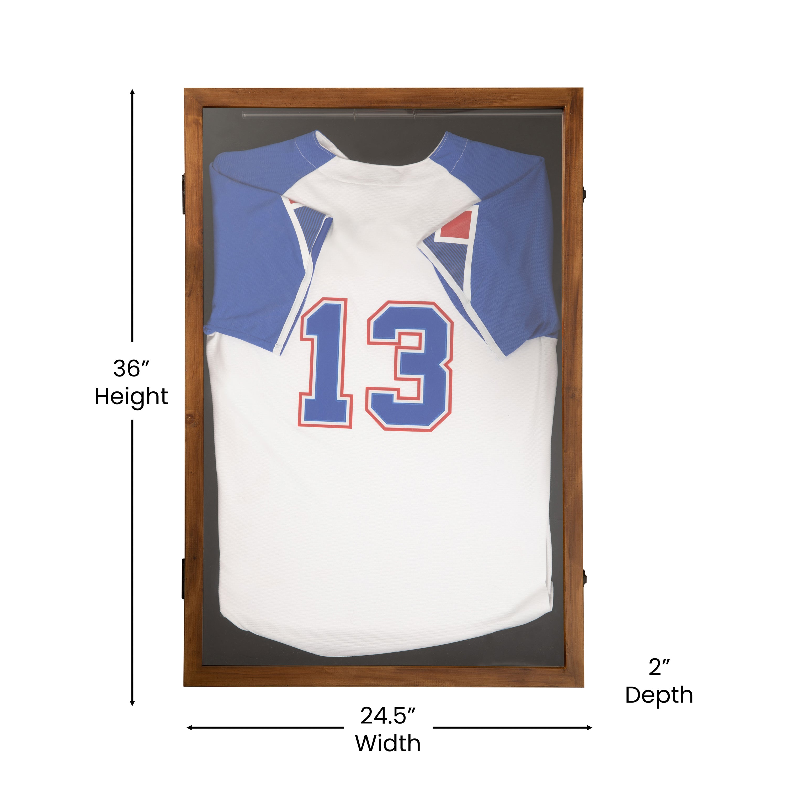 Banks 24x36 Jersey Display Case with Solid Pine Wood Frame, UV Treated Acrylic Window, Velvet Backing Board, and Anti-Theft Lock in Rustic Brown