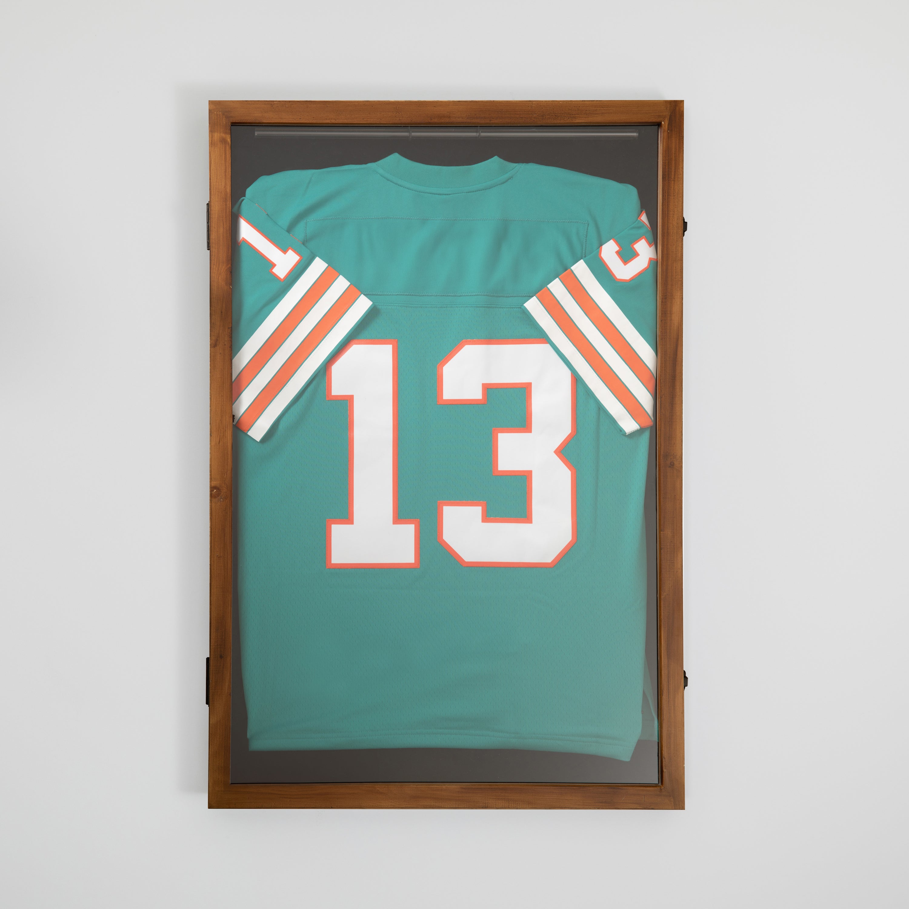 Banks 24x36 Jersey Display Case with Solid Pine Wood Frame, UV Treated Acrylic Window, Velvet Backing Board, and Anti-Theft Lock in Rustic Brown
