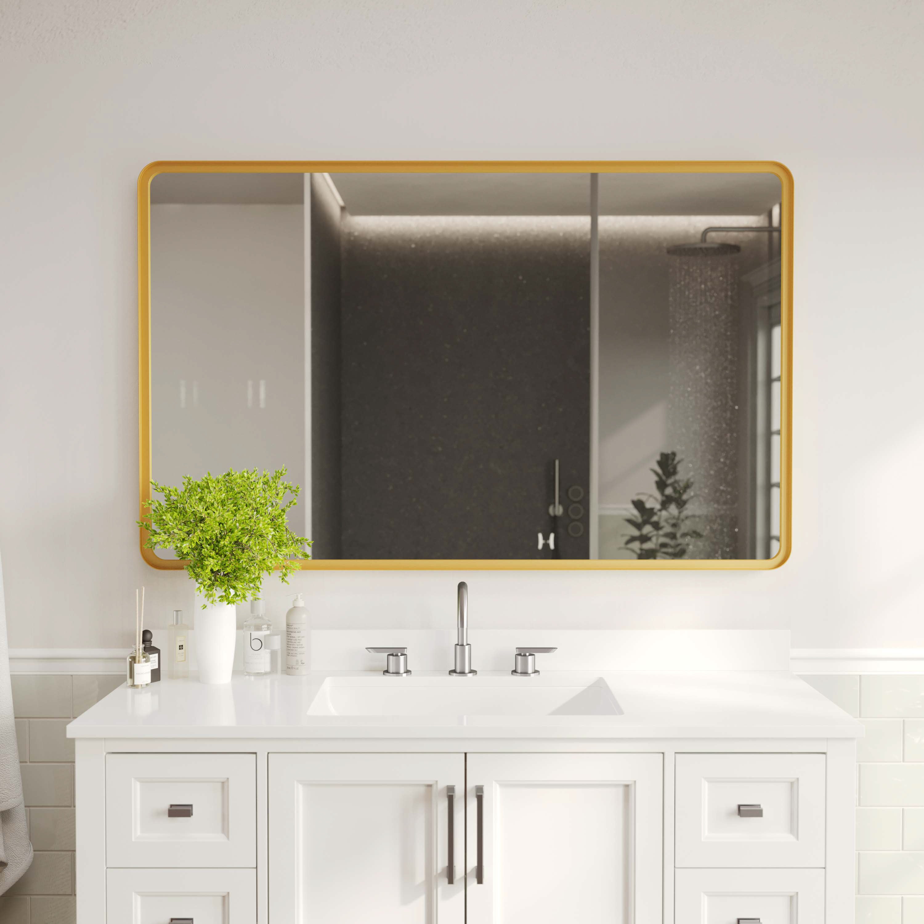 Ava 48" x 30" Metal Deep Framed Wall Mirror - Large Accent Mirror for Bathroom, Entryway, Dining Room, & Living Room in Gold