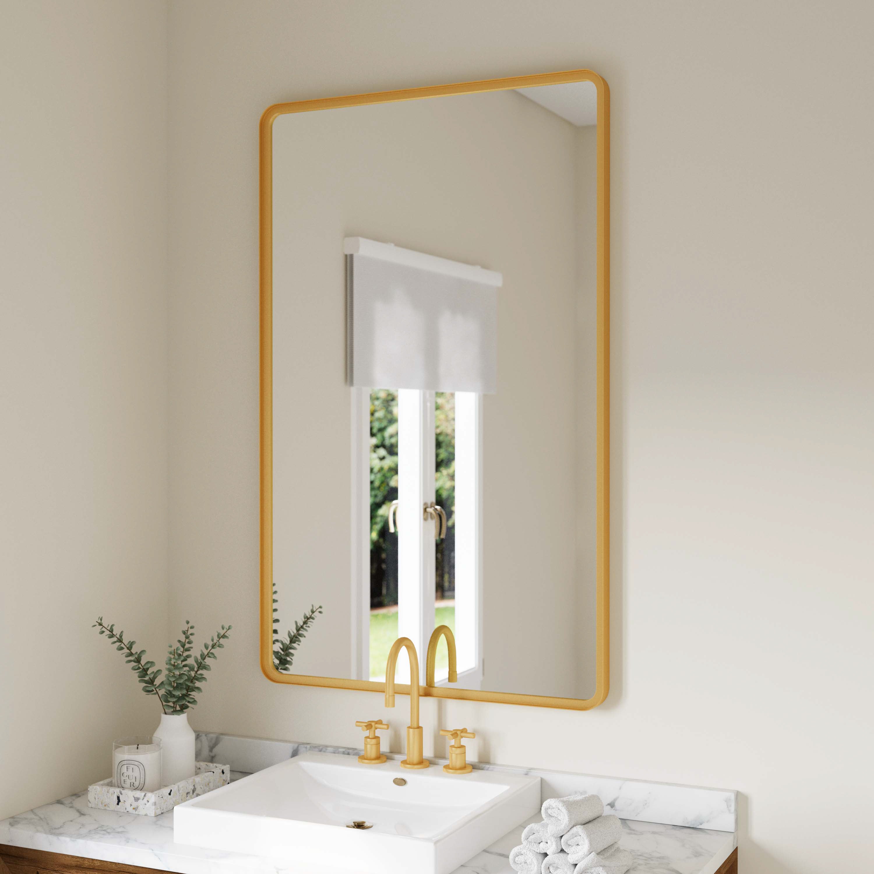 Ava 48" x 30" Metal Deep Framed Wall Mirror - Large Accent Mirror for Bathroom, Entryway, Dining Room, & Living Room in Gold