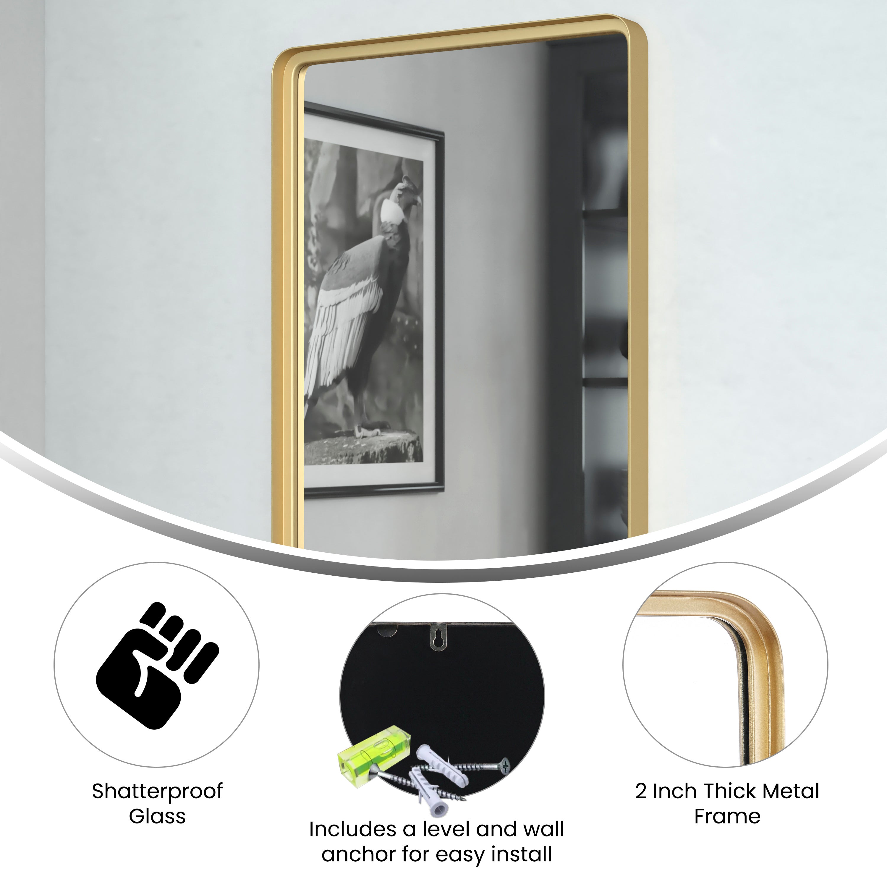 Janinne 20"x30" Rectangle Gold Metal Deep Framed Wall Mirror - Large Accent Mirror for Bathroom, Entryway, Dining Room, & Living Room