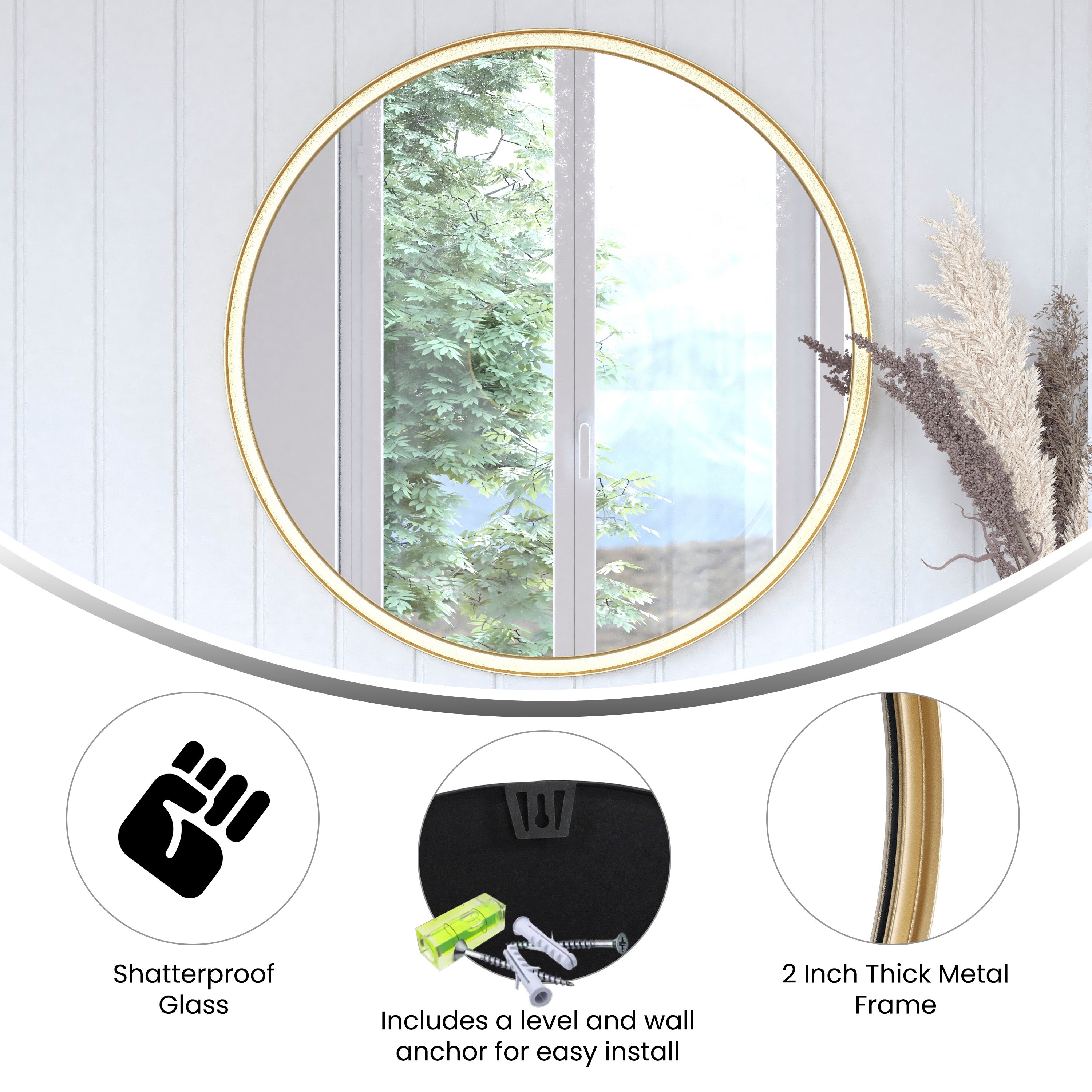Jennifer 27.5" Round Gold Metal Deep Framed Wall Mirror - Large Accent Mirror for Bathroom, Entryway, Dining Room, & Living Room