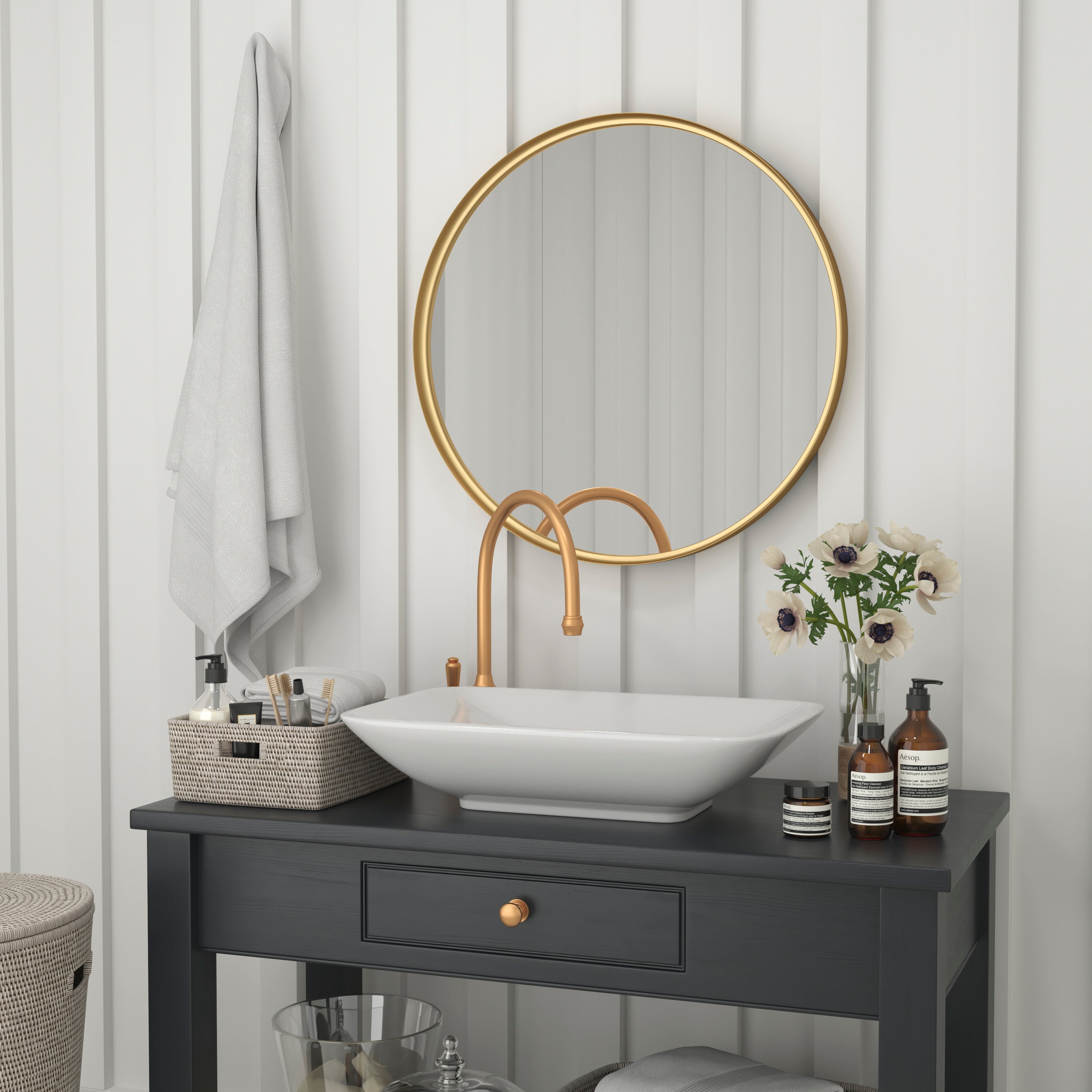 Jennifer 27.5" Round Gold Metal Deep Framed Wall Mirror - Large Accent Mirror for Bathroom, Entryway, Dining Room, & Living Room