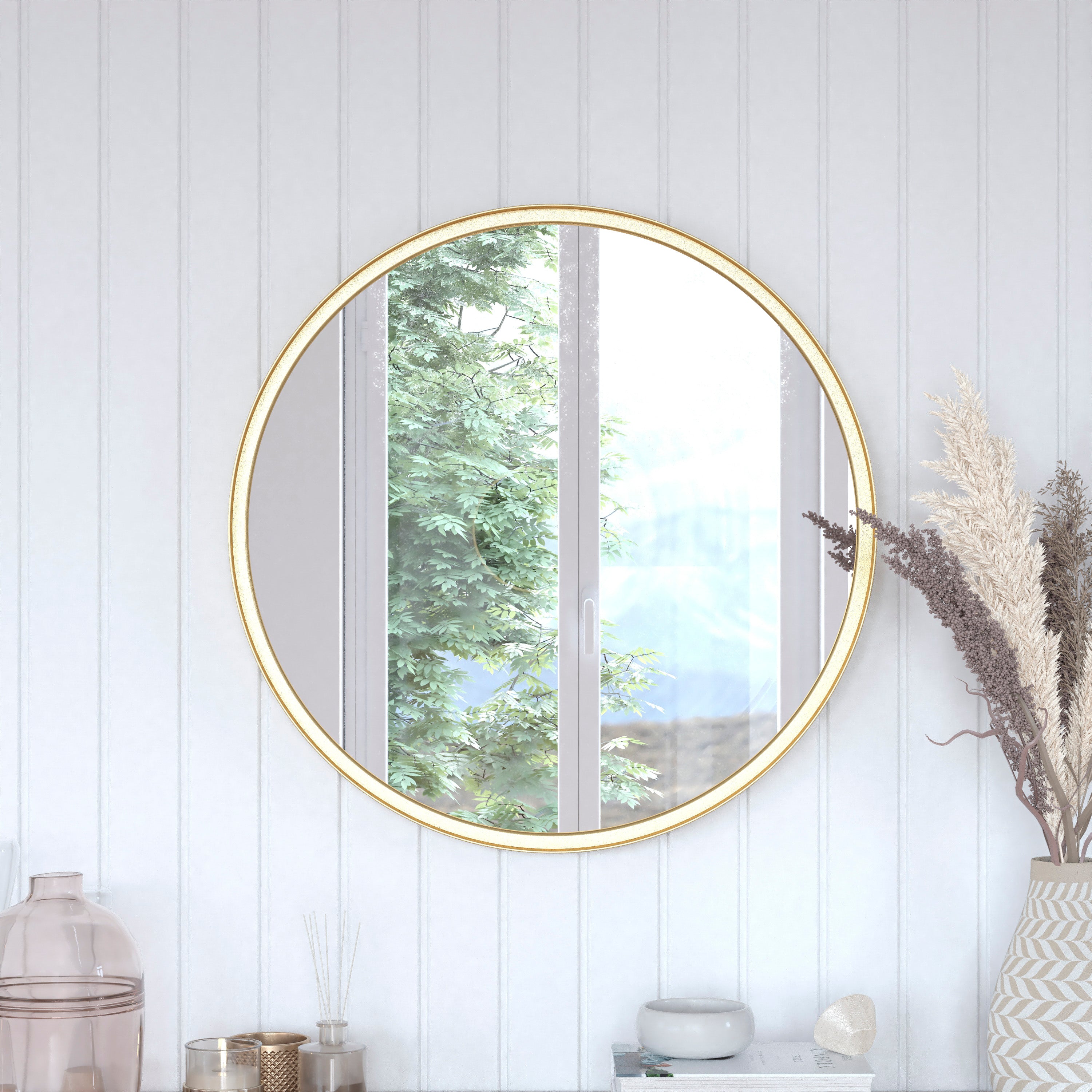 Jennifer 27.5" Round Gold Metal Deep Framed Wall Mirror - Large Accent Mirror for Bathroom, Entryway, Dining Room, & Living Room