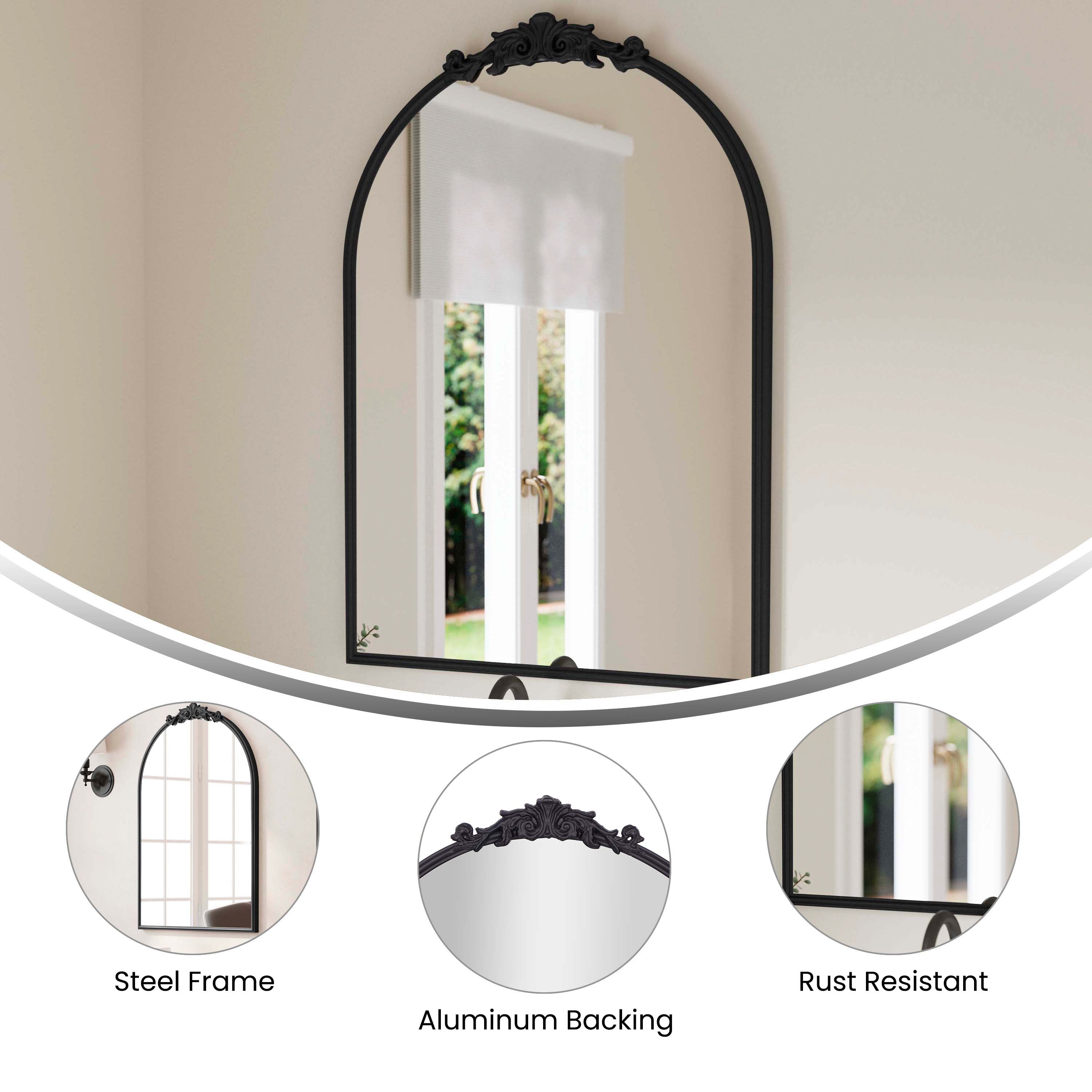 Esme 35" x 24" Traditional Arched Wall Mirror with Baroque Detail - Large Accent Mirror for Bathroom, Entryway, Dining Room, & Living Room in Black