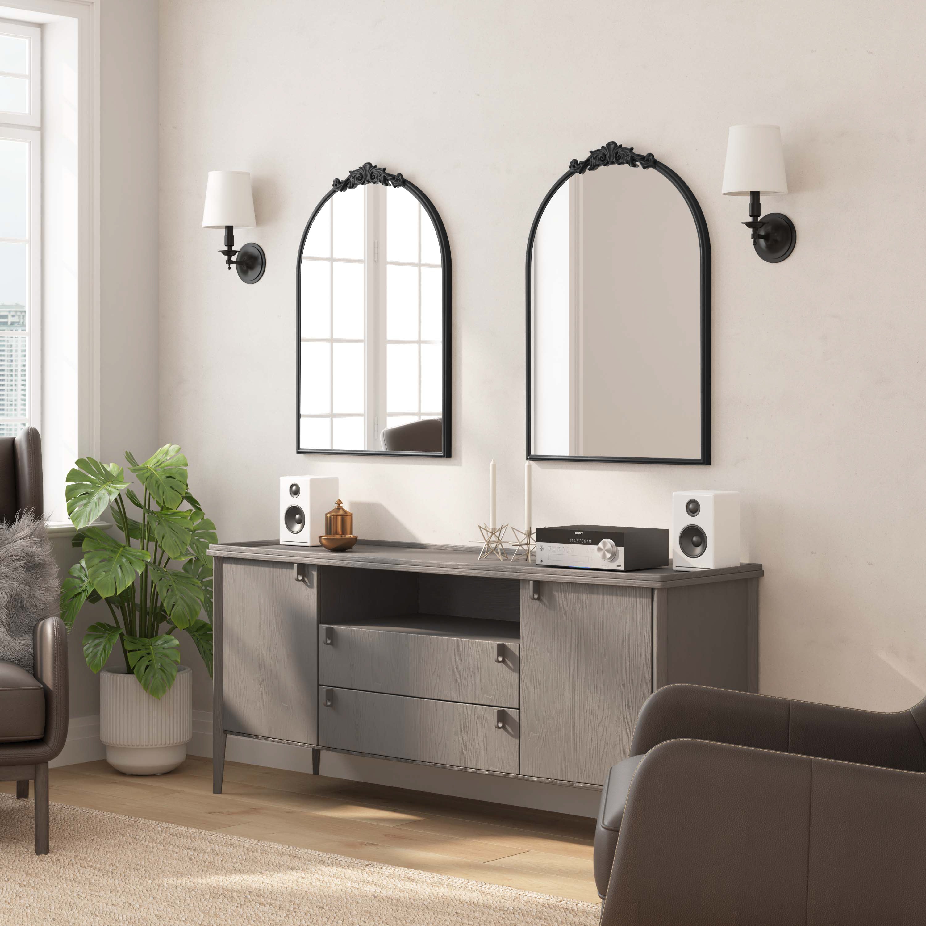 Esme 35" x 24" Traditional Arched Wall Mirror with Baroque Detail - Large Accent Mirror for Bathroom, Entryway, Dining Room, & Living Room in Black