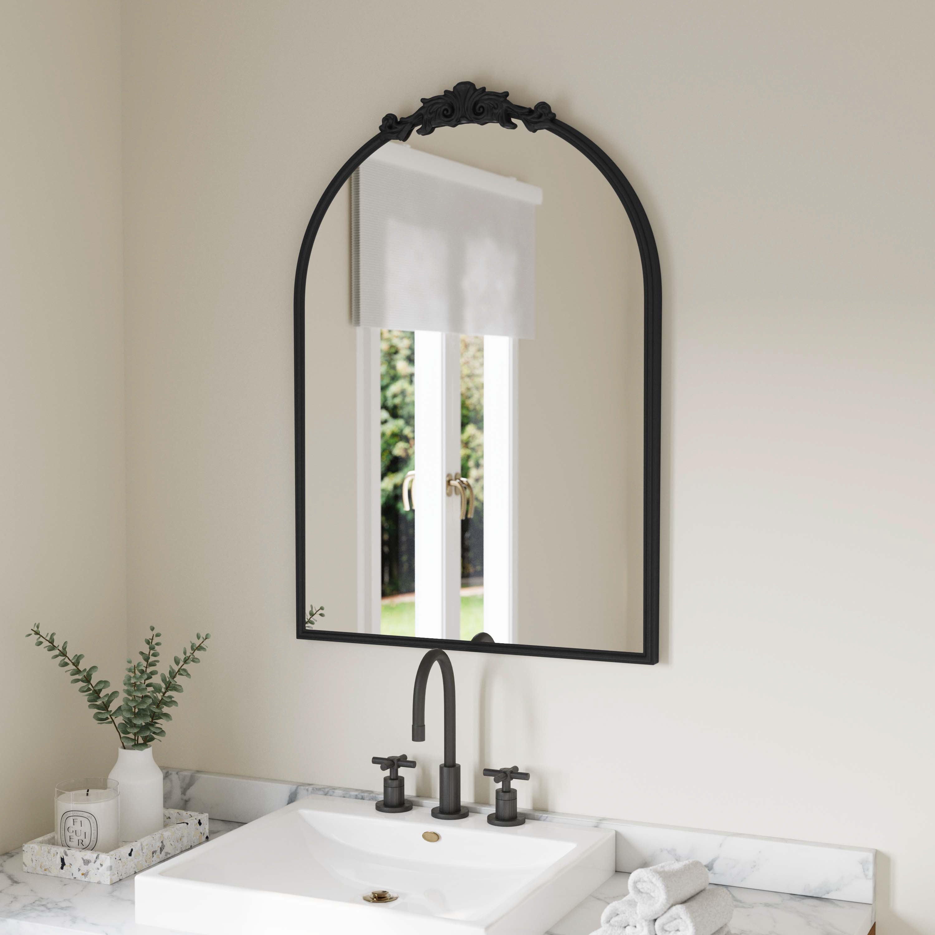 Esme 35" x 24" Traditional Arched Wall Mirror with Baroque Detail - Large Accent Mirror for Bathroom, Entryway, Dining Room, & Living Room in Black