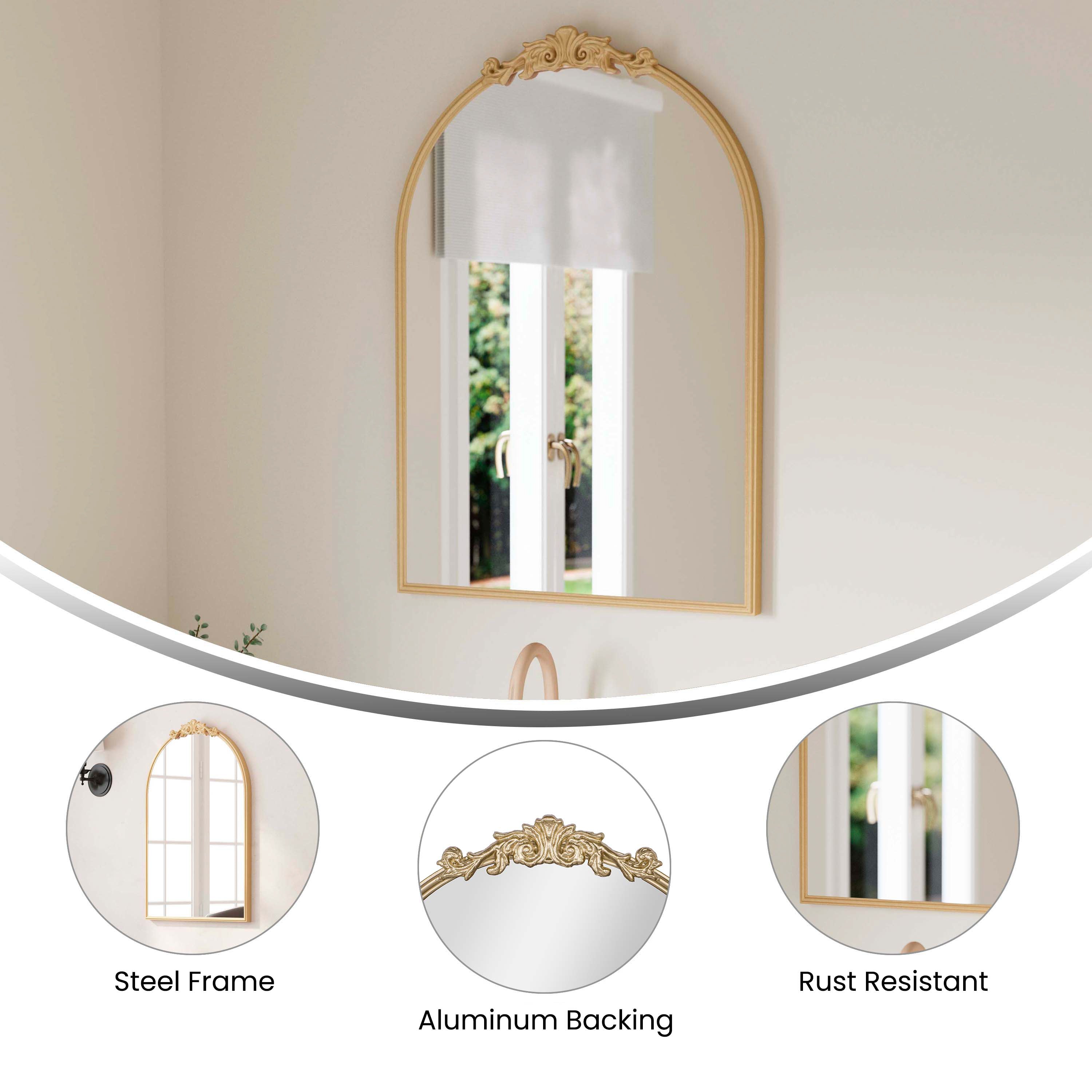 Esme 29" x 20" Traditional Arched Wall Mirror with Baroque Detail - Large Accent Mirror for Bathroom, Entryway, Dining Room, & Living Room in Gold
