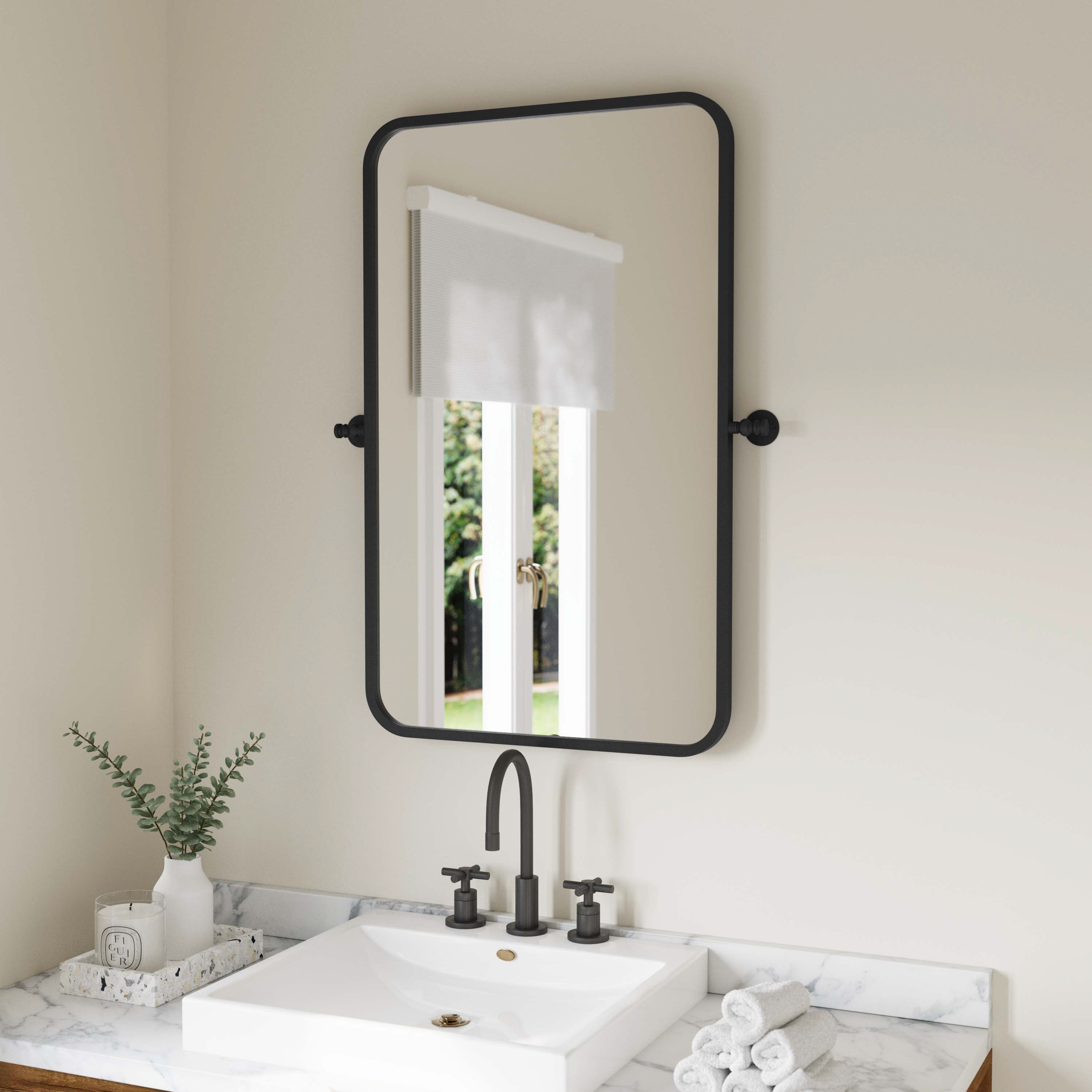 Finlay 35" x 27" Metal Pivot Wall Mirror - Large Accent Vanity Mirror for Bathroom in Black