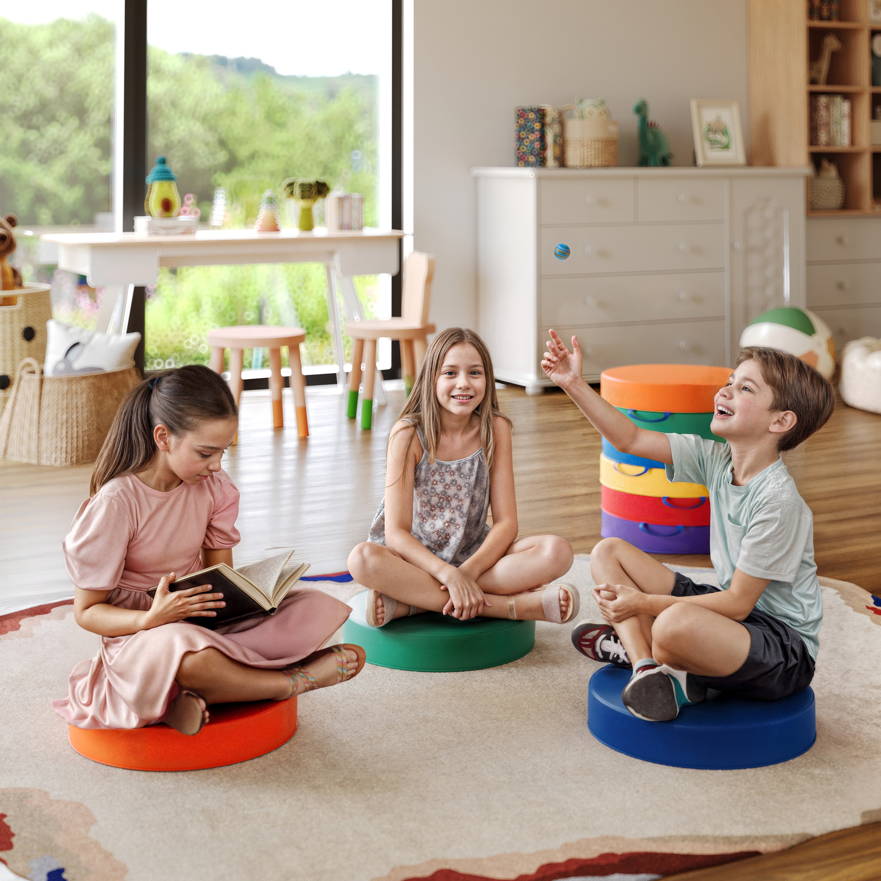 Kylie 6 Piece 16 Inch Round Floor Cushions for Kids with Handles in Commercial Grade Plastic - Assorted Primary Colors