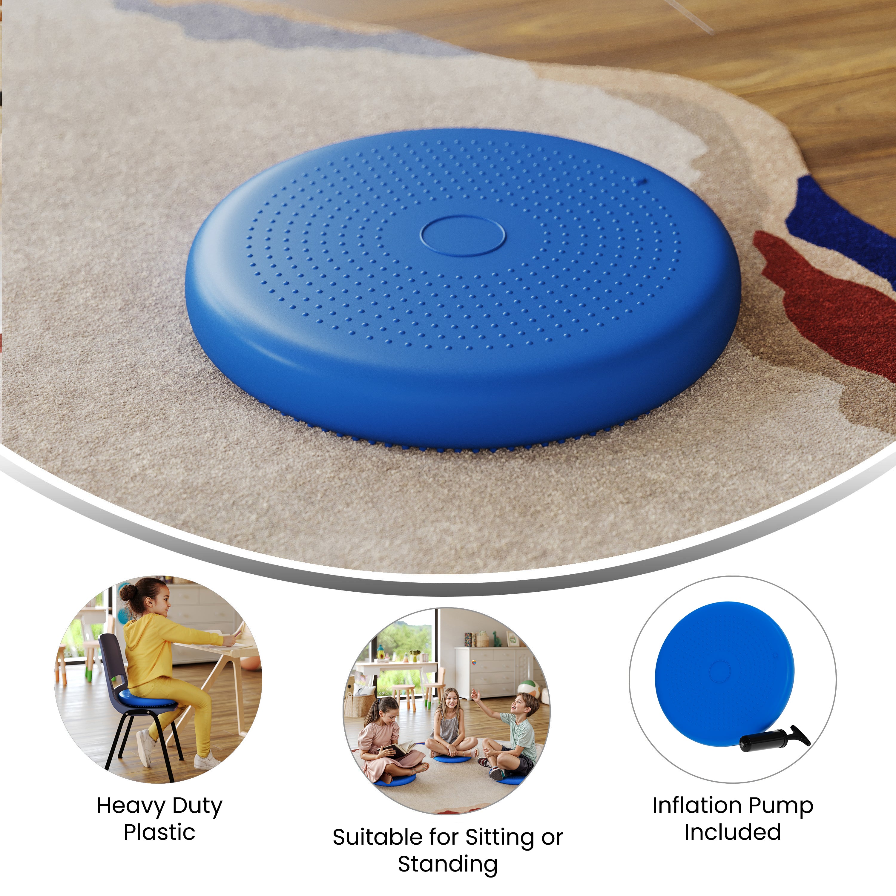 Alfie Blue 13 Inch Round Inflatable Wobble Cushion with Dual Sided Grips for Sitting or Standing and Included Hand Pump