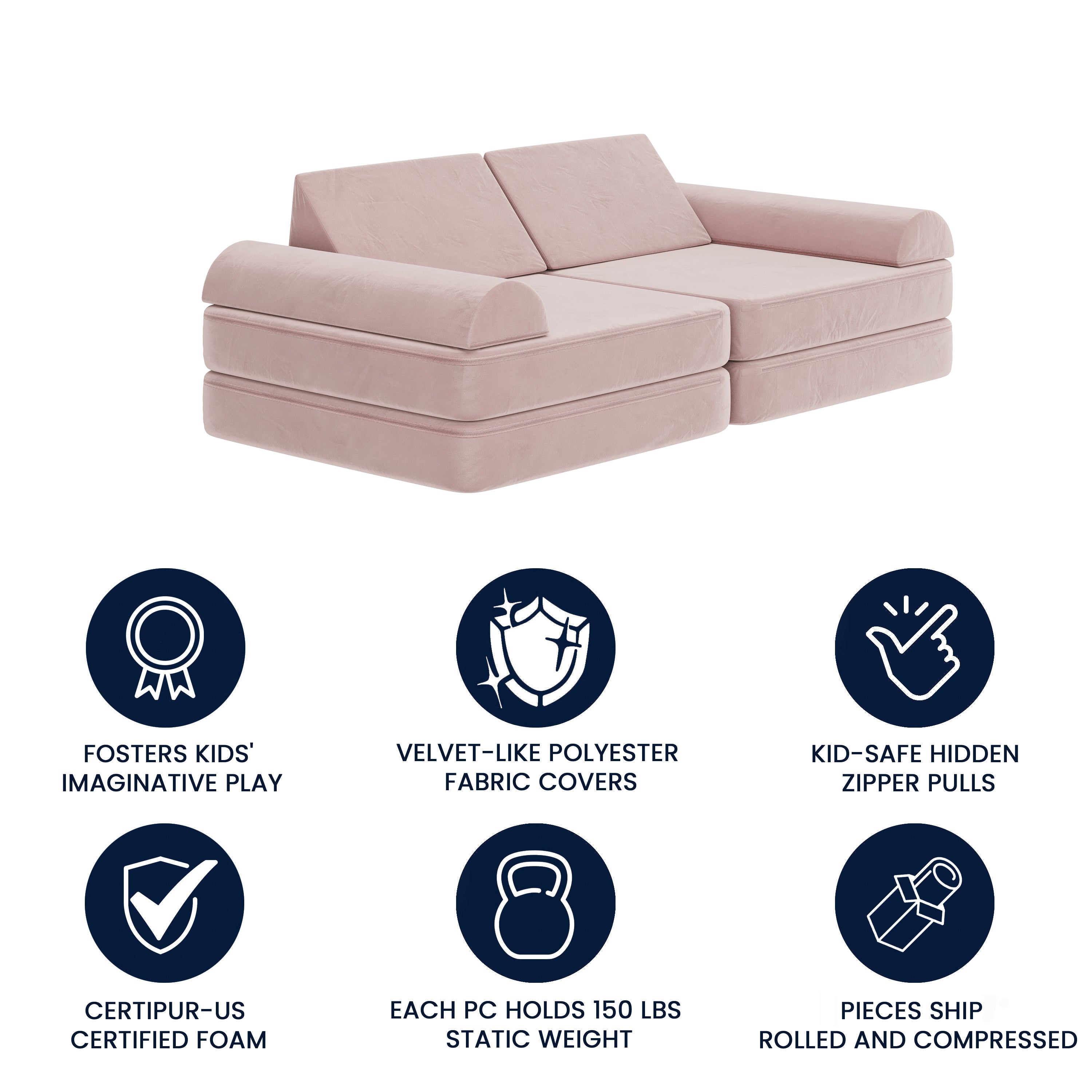 Marlowe 56" Modular Kids Play Couch with 6 Soft Foam Sectional Sofa Pieces in Blush