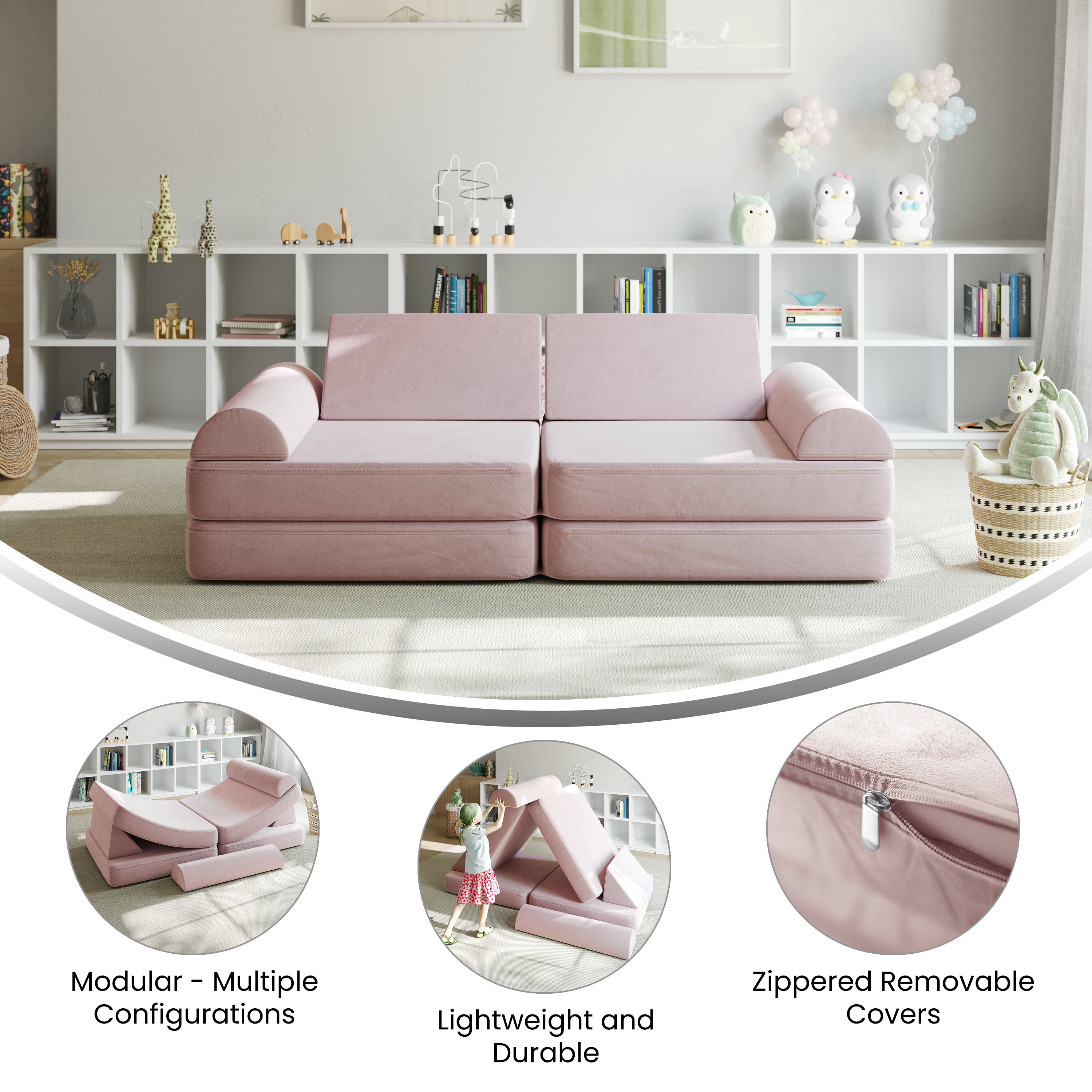 Marlowe 56" Modular Kids Play Couch with 6 Soft Foam Sectional Sofa Pieces in Blush